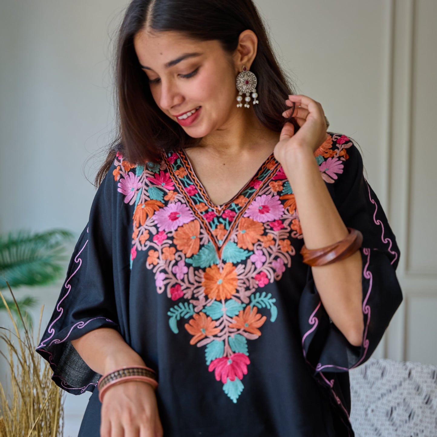 Black with Pink Orange Kashmiri Cotton Top