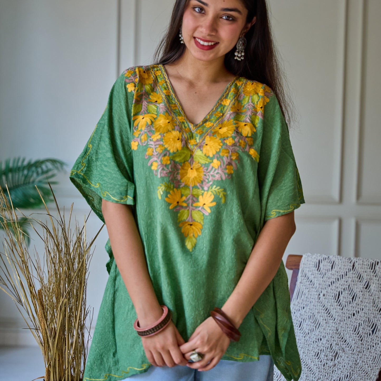 Green Kashmiri Cotton Kaftan Top