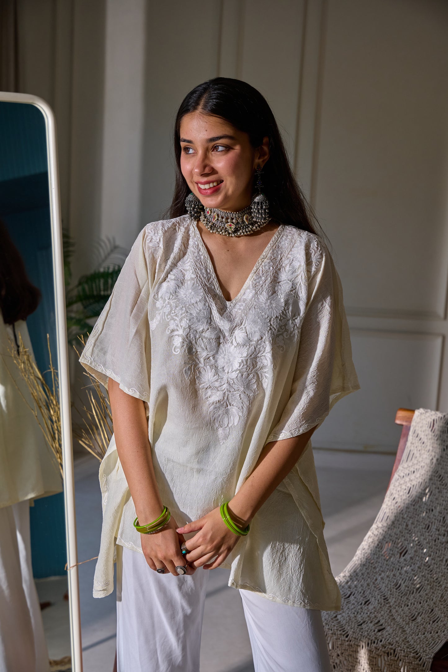 Off White Crush Kashmiri Cotton Kaftan Top