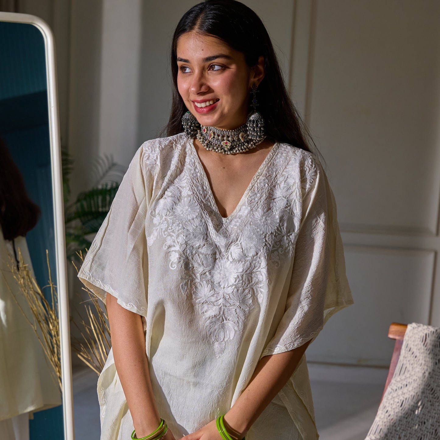 Off White Crush Kashmiri Cotton Kaftan Top