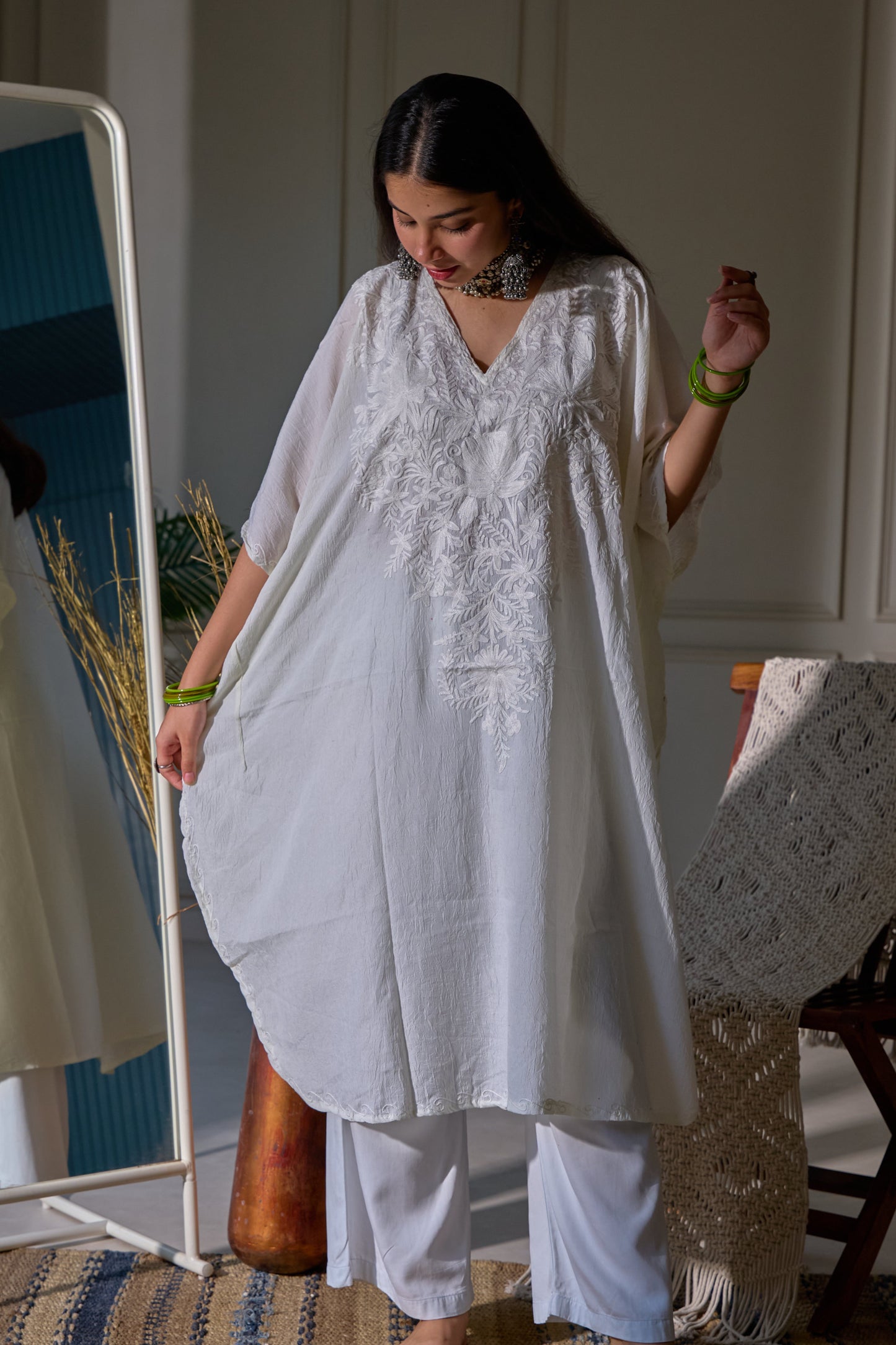 Off White Kashmiri Cotton Kaftan