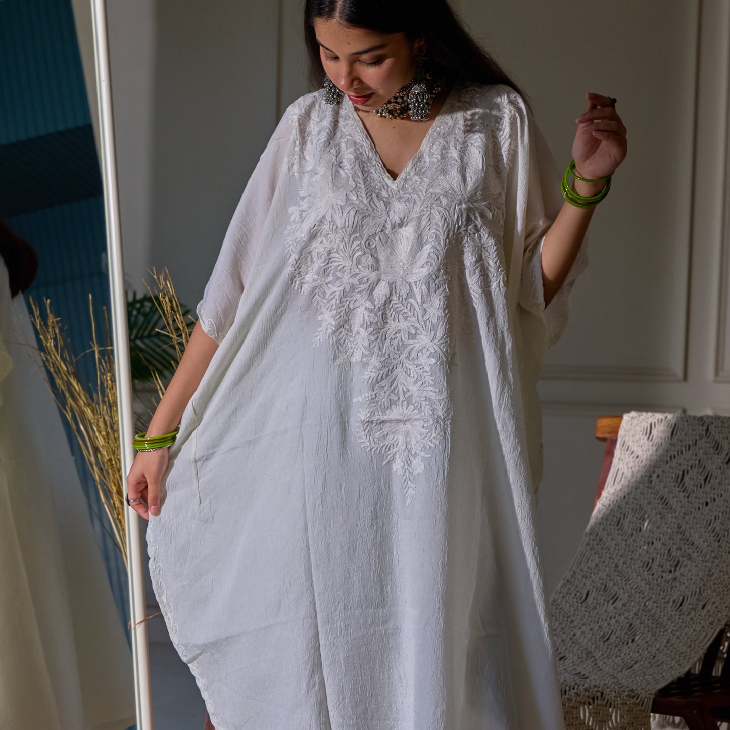 Off White Kashmiri Cotton Kaftan