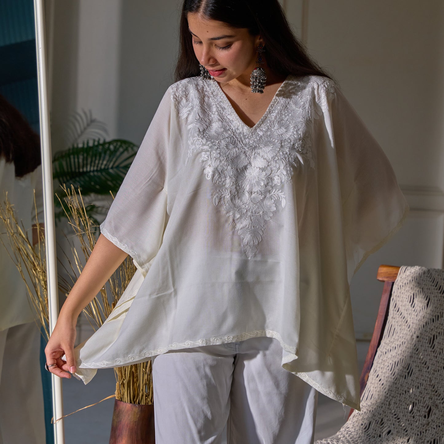 Off White Kashmiri Cotton Kaftan Top