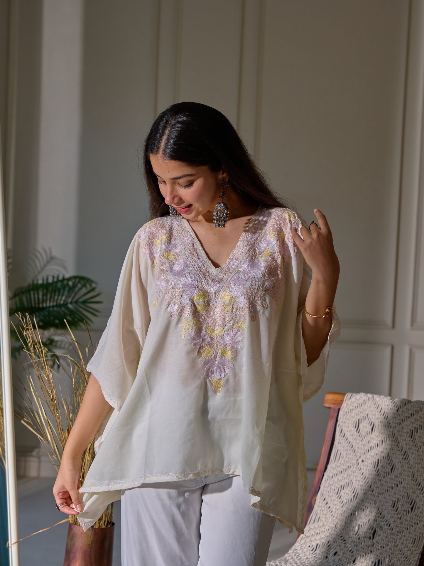 Pastel White Kashmiri Cotton Kaftan Top