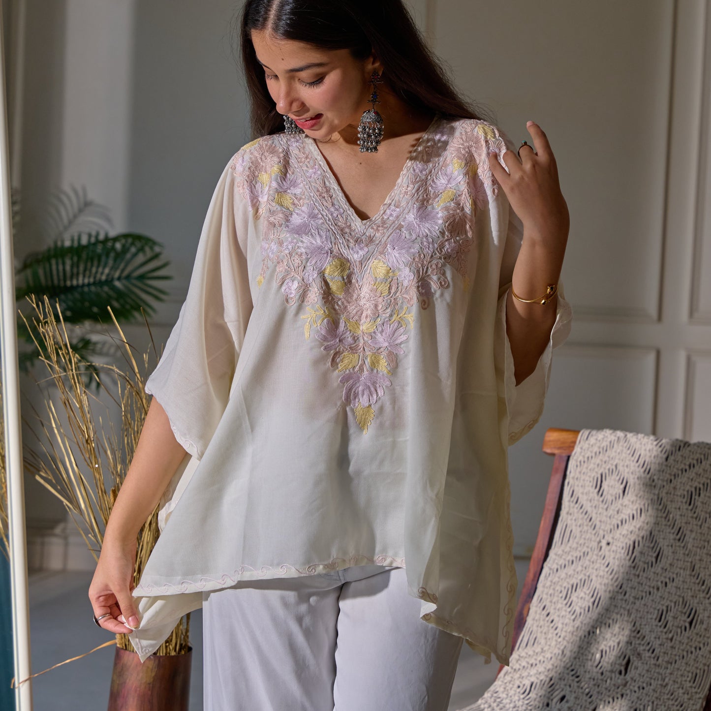 Pastel White Kashmiri Cotton Kaftan Top