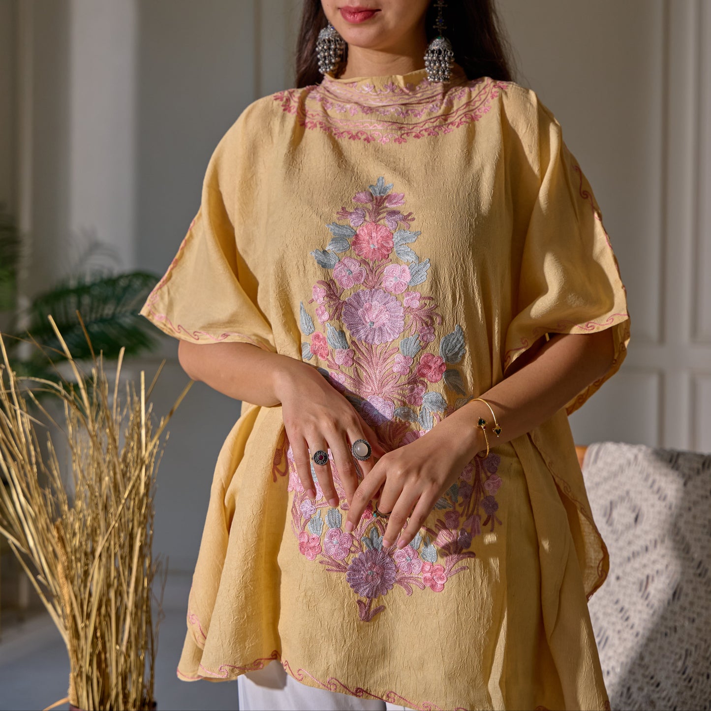Beige Collar Kashmiri Kaftan Top
