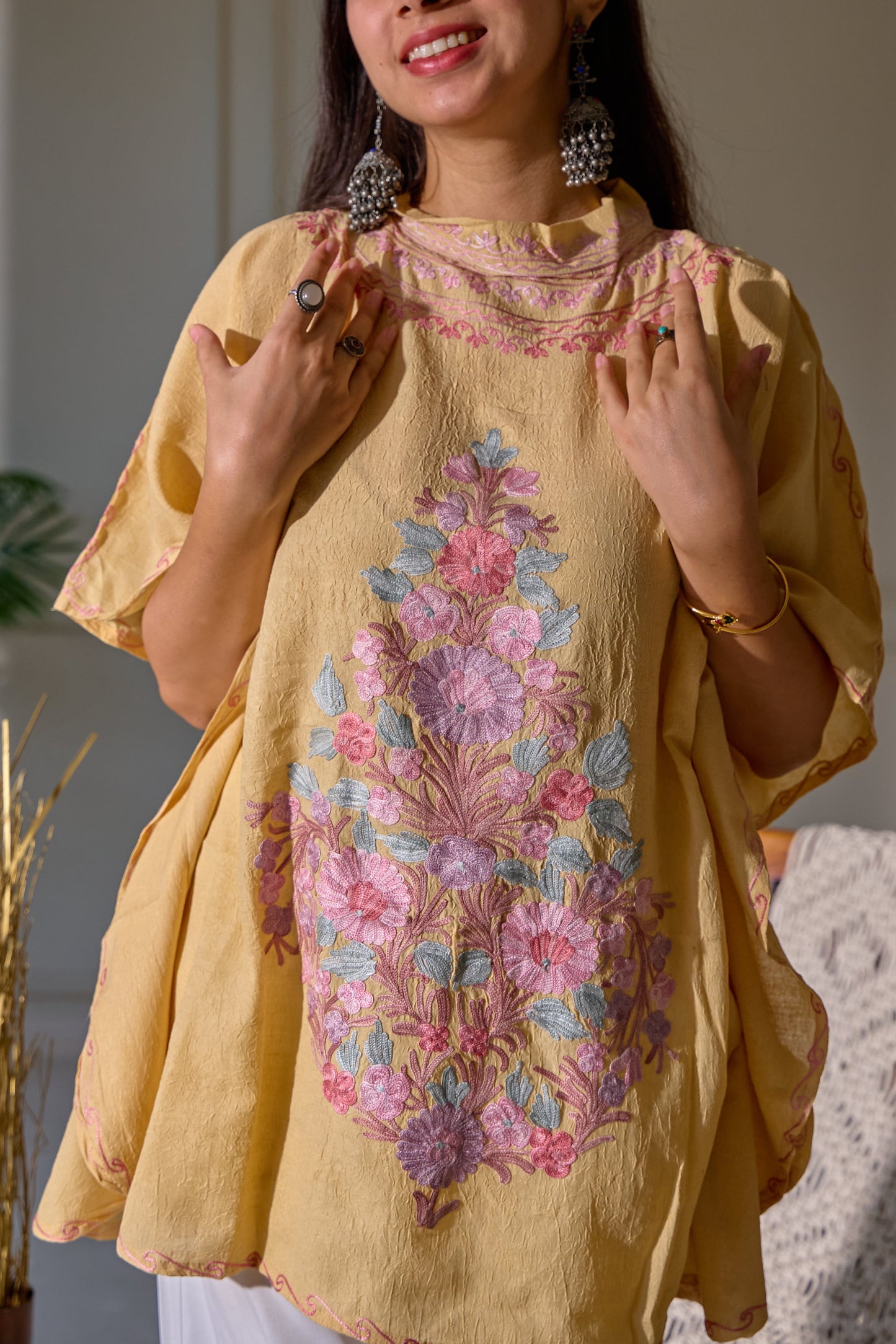 Beige Collar Kashmiri Kaftan Top