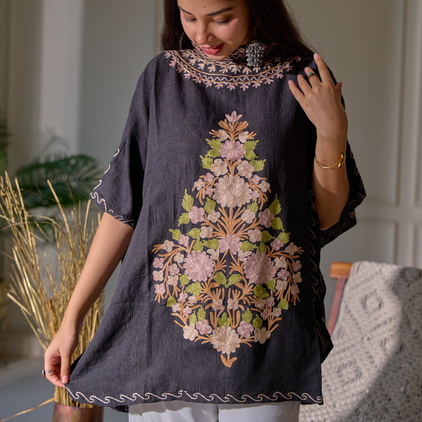Black Collar Kashmiri Kaftan Top