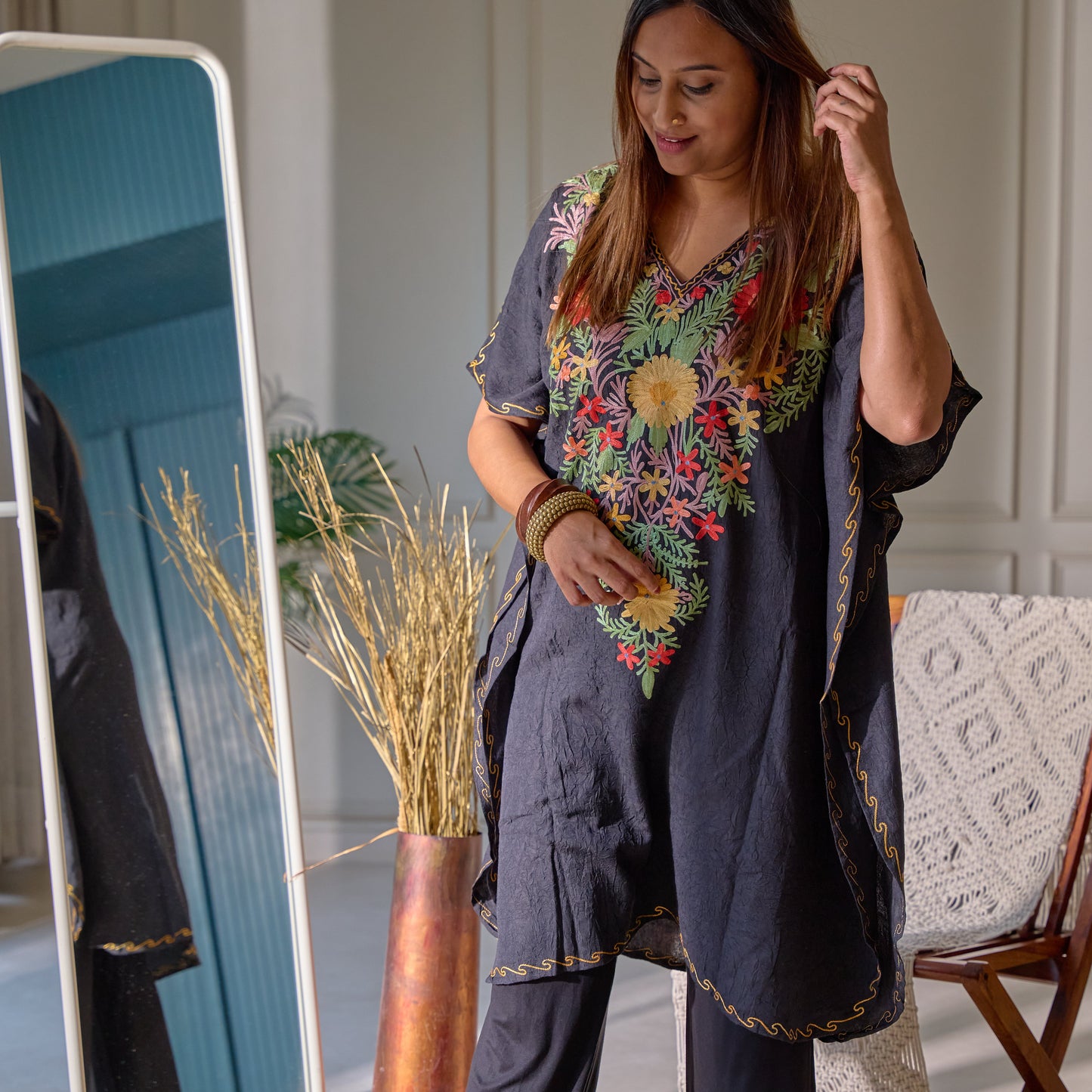 Black Floral Kashmiri Kaftan