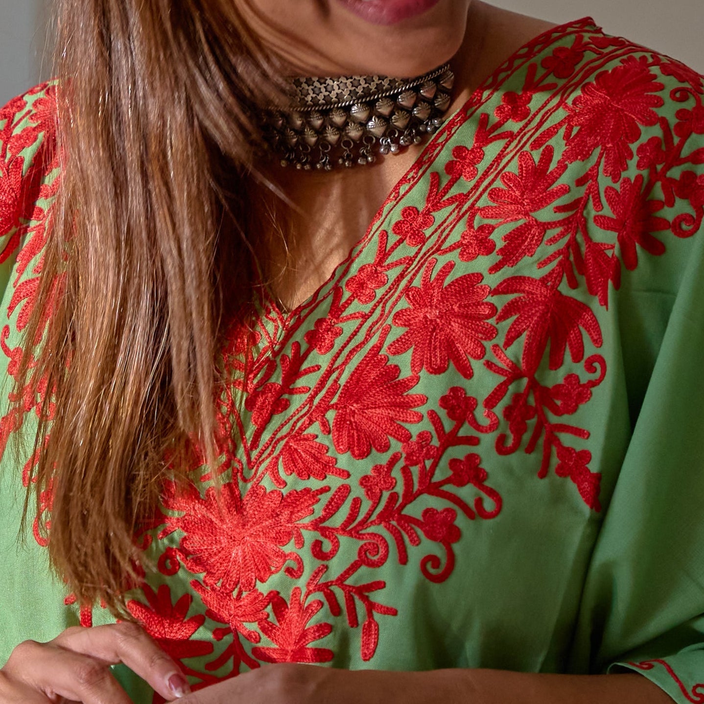Green and Red Kashmiri Kaftan Top