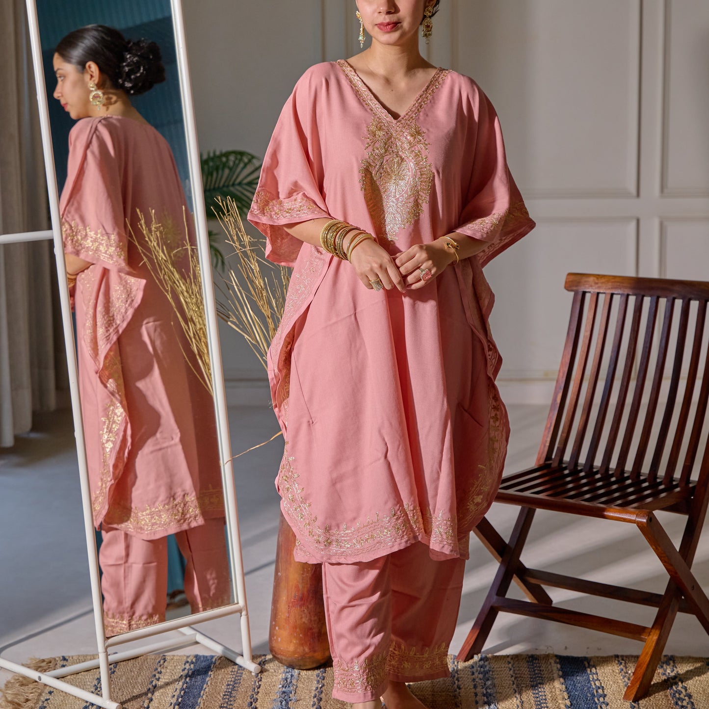 Pink Mughal Zari Kaftan Set