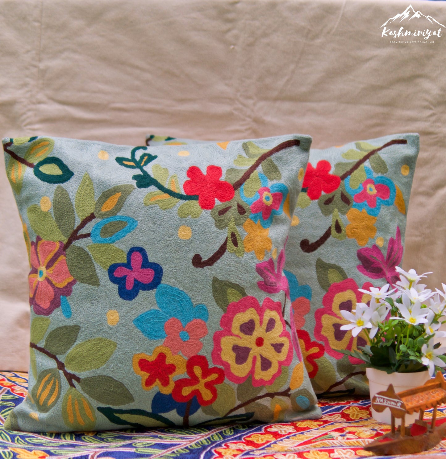 Blue Floral Garden Cushion Covers with Hand Embroidery in Wool (Set of 2)