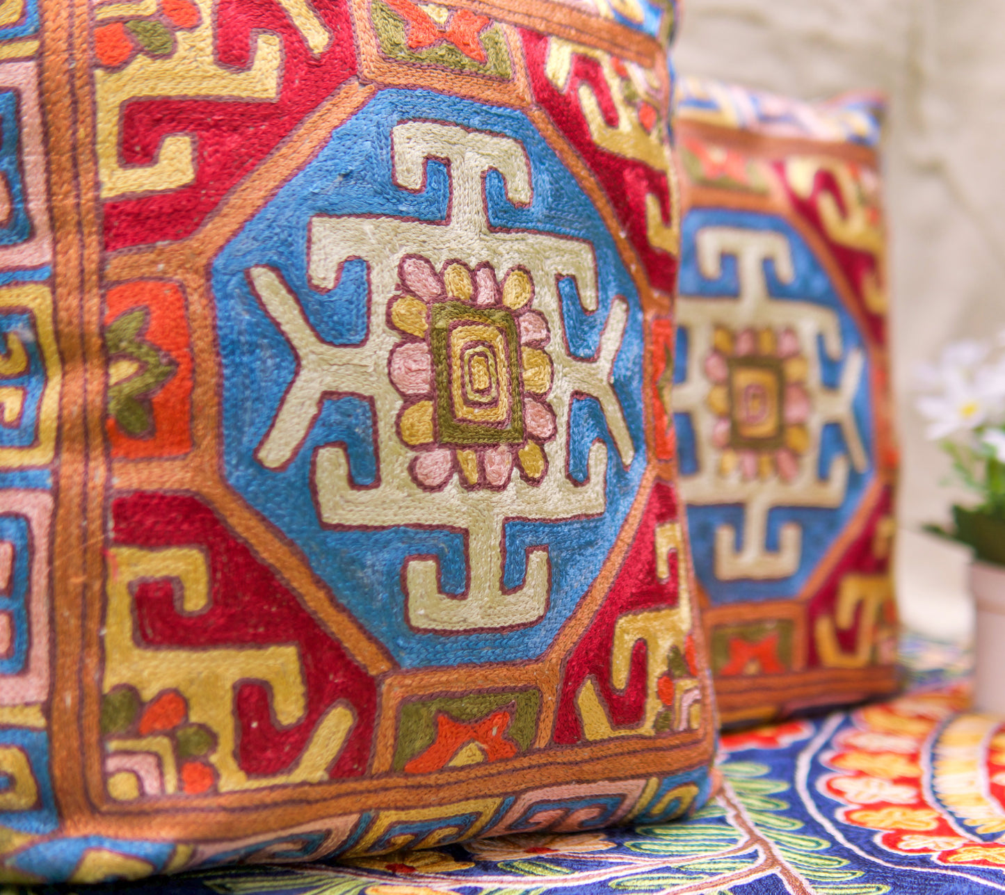 Traditional Motif Cushion Covers with Hand Embroidery in Silk (Set of 2)