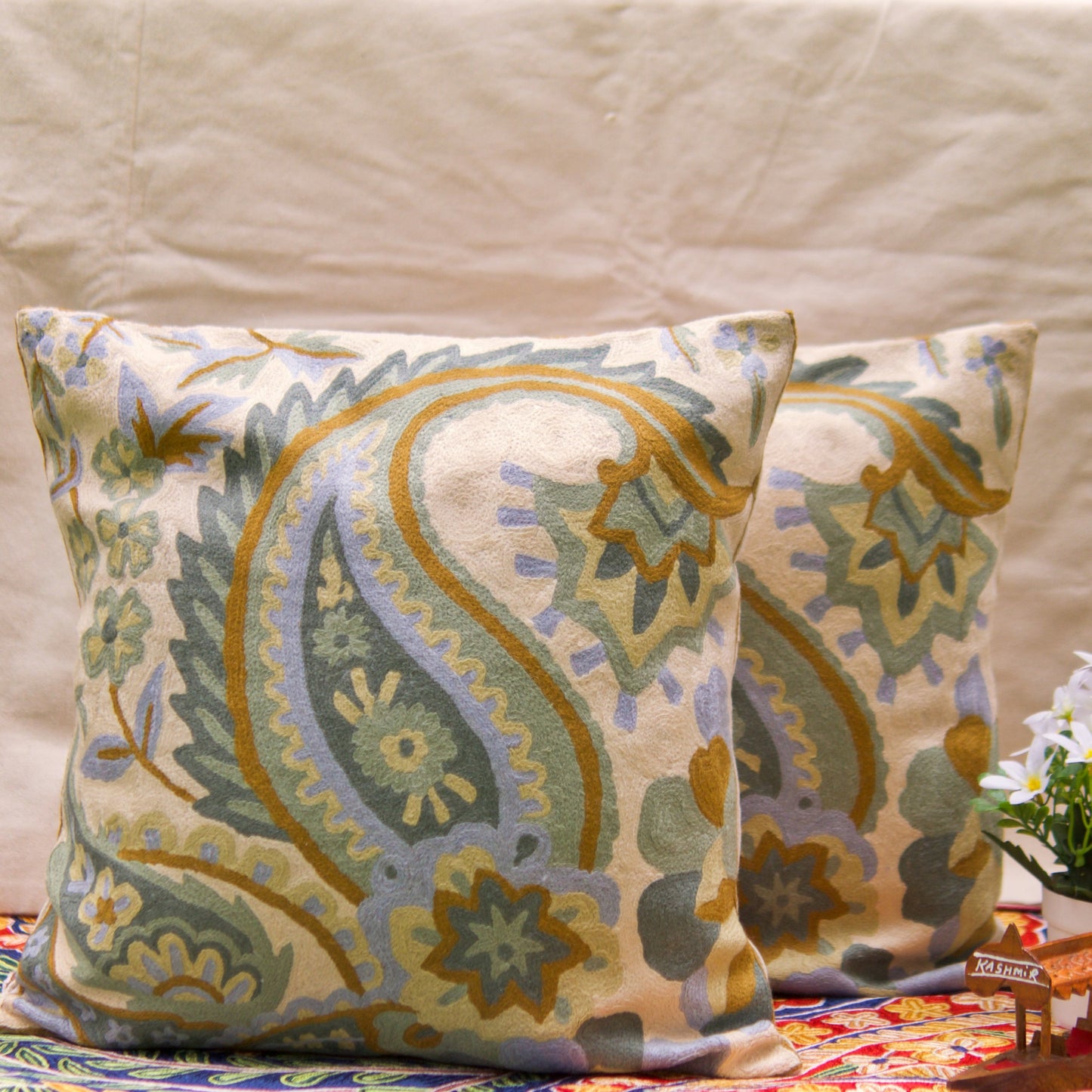 Rustic Paisley Cushion Covers with Hand Embroidery in Wool (Set of 2)