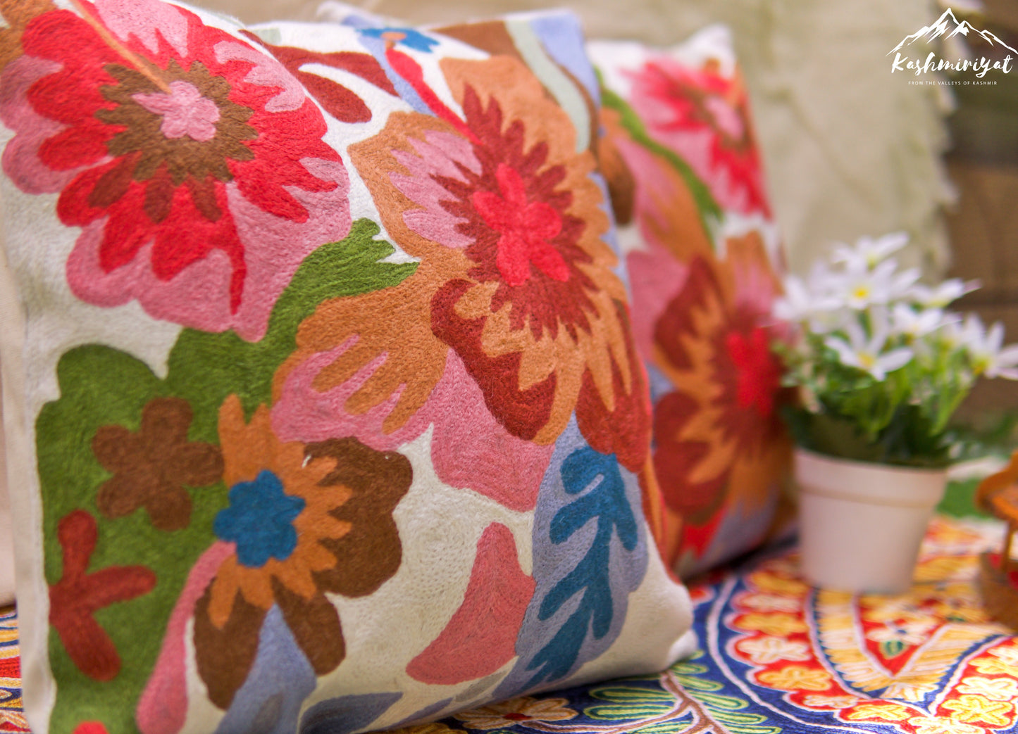 Floral Treasure Cushion Covers with Hand Embroidery in Wool (Set of 2)