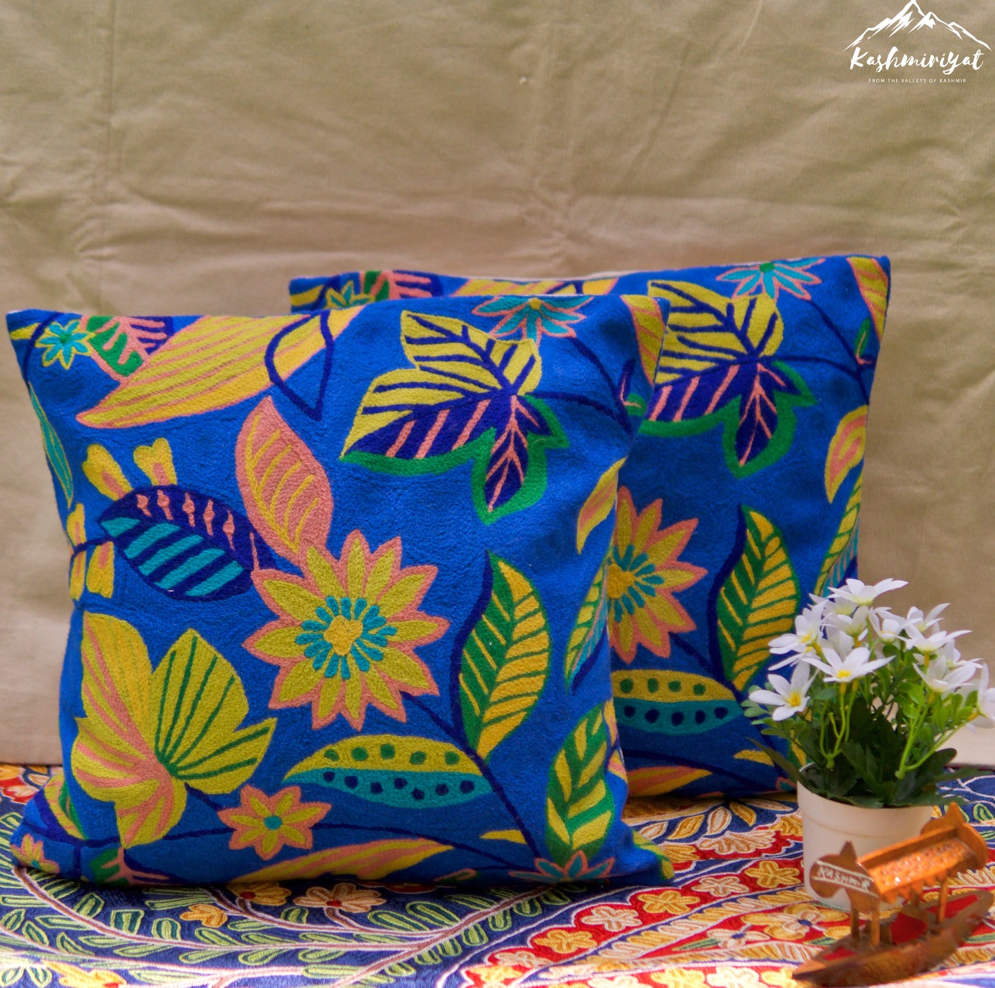 The Blues Cushion Covers with Hand Embroidery in Wool (Set of 2)