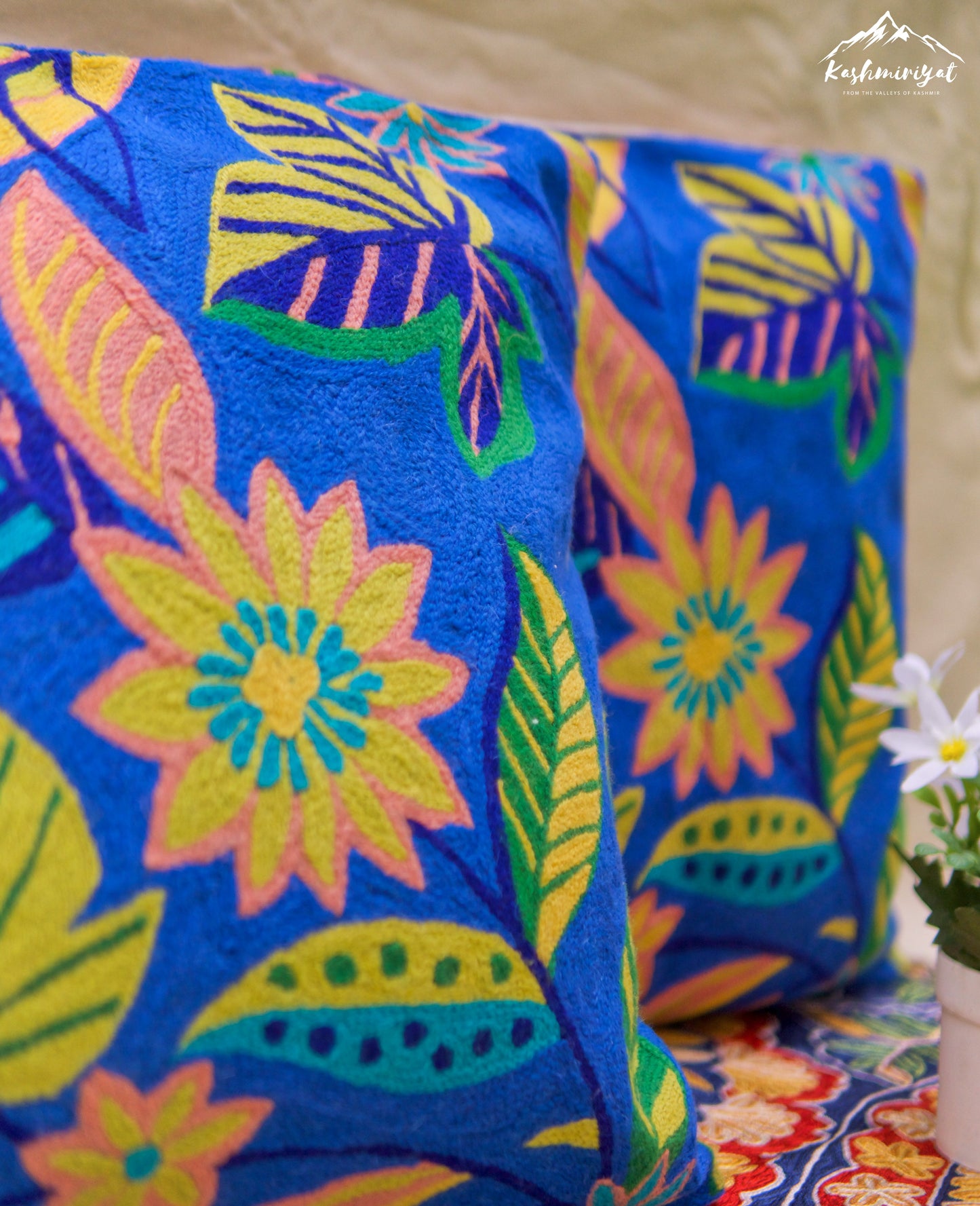 The Blues Cushion Covers with Hand Embroidery in Wool (Set of 2)