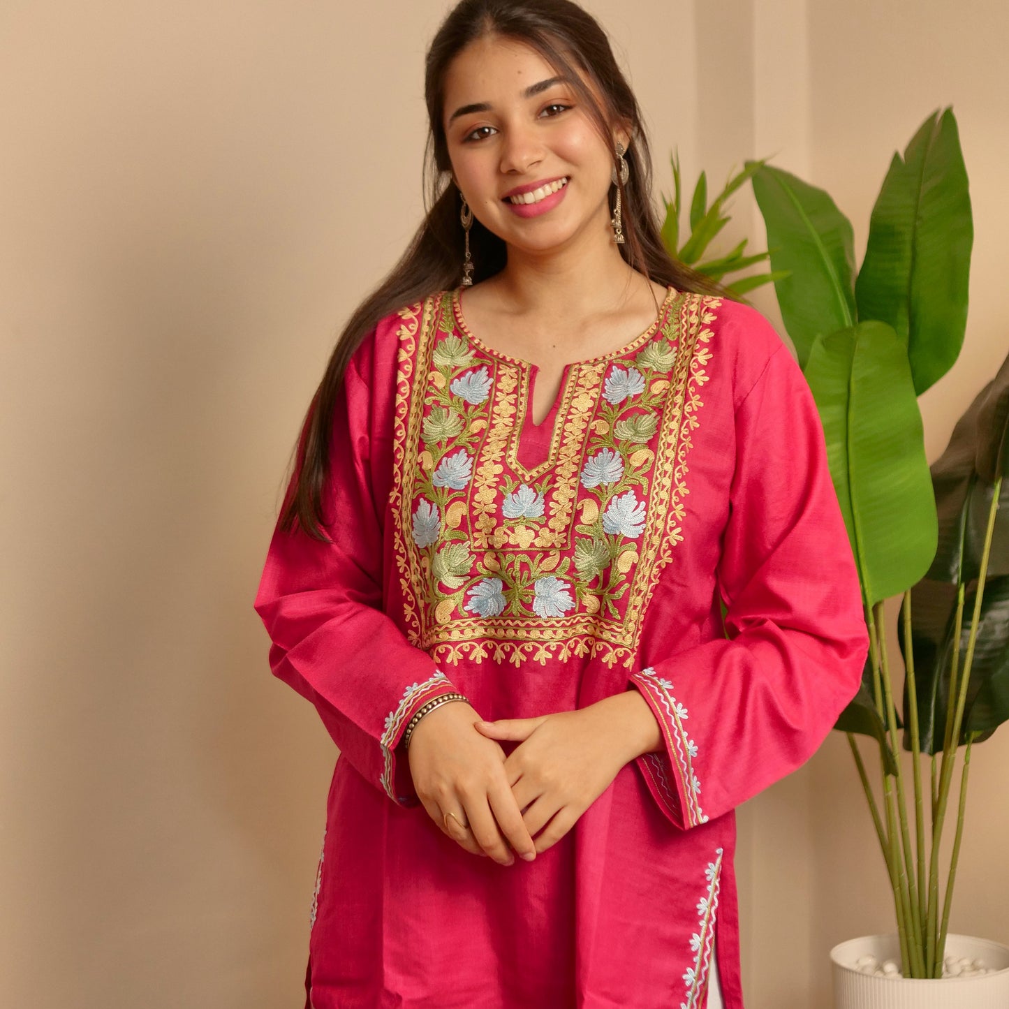 Pink Cotton Kashmiri short kurti