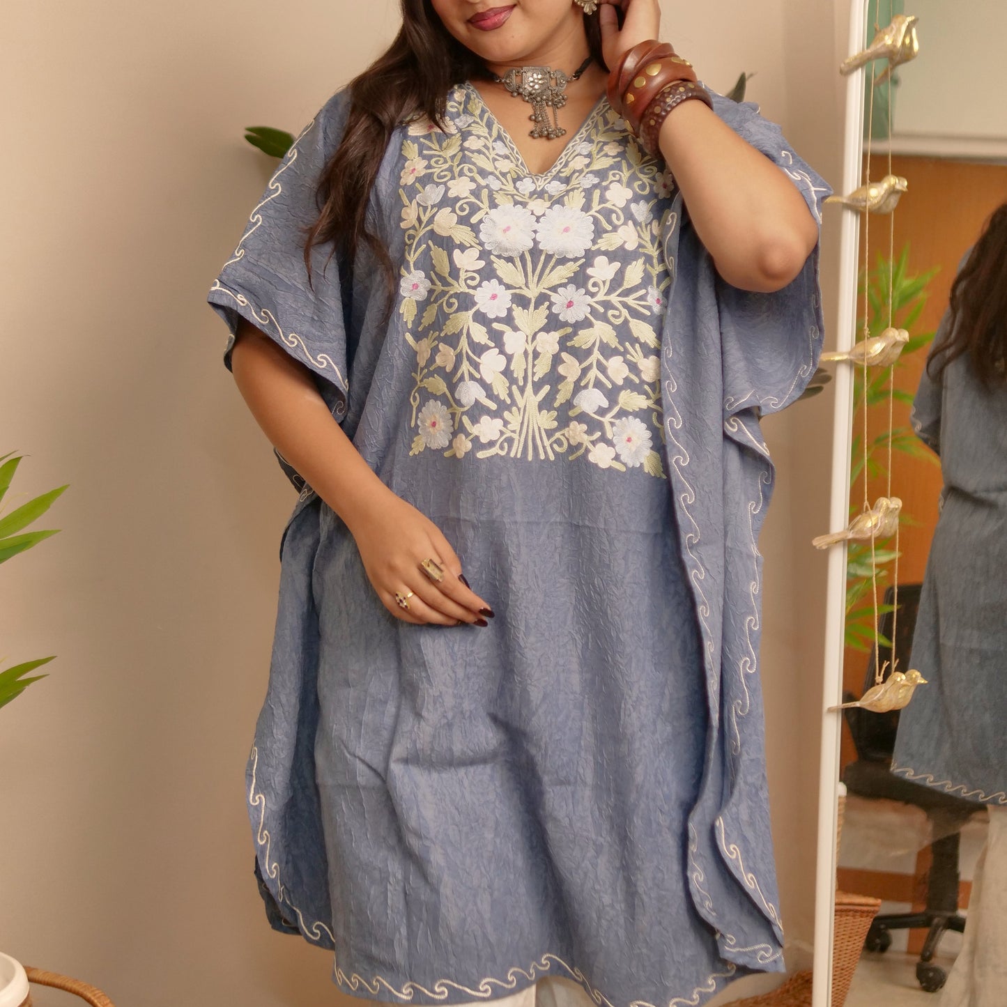 Grey Crush Cotton Kashmiri Kaftan