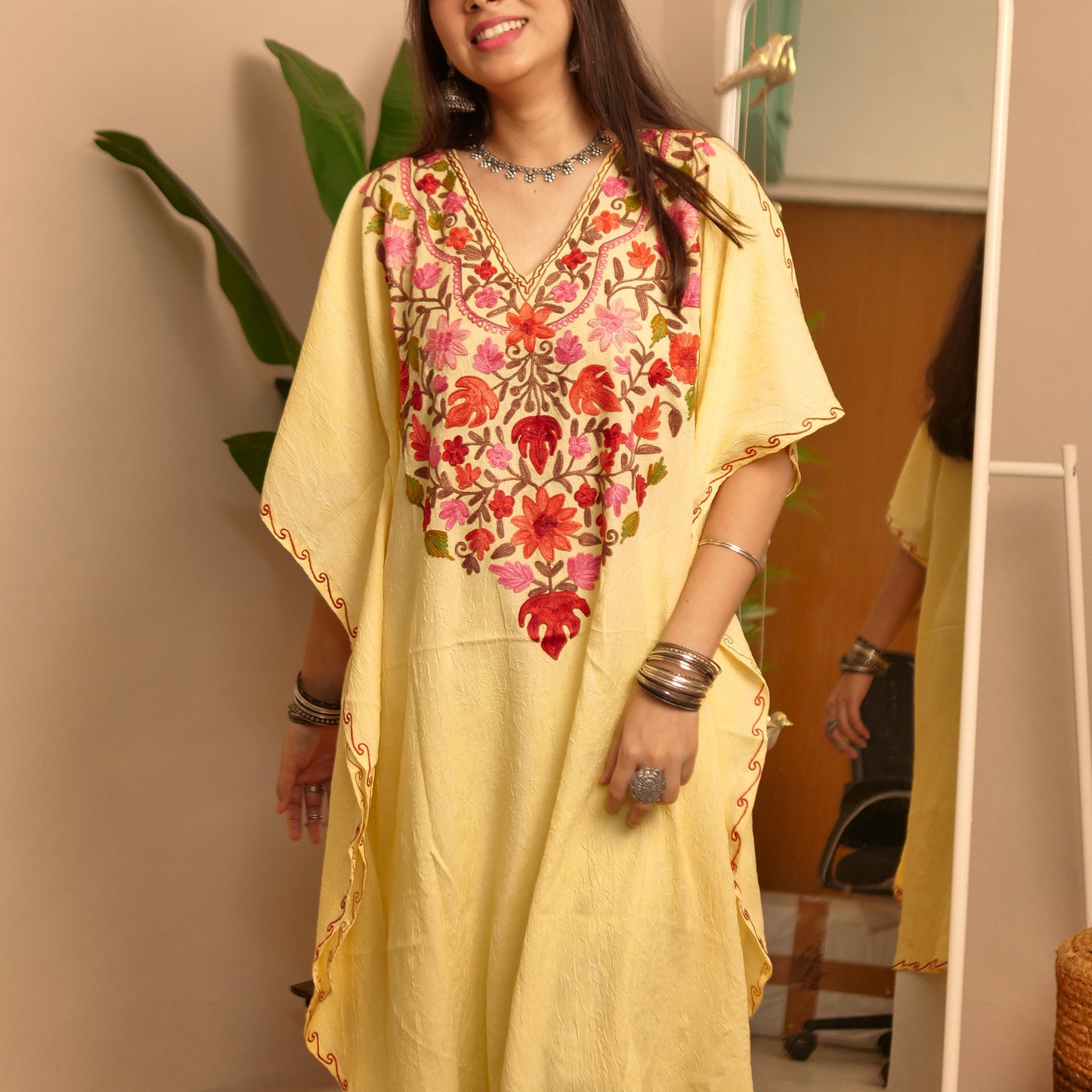 Yellow Floral Cotton Kashmiri Kaftan