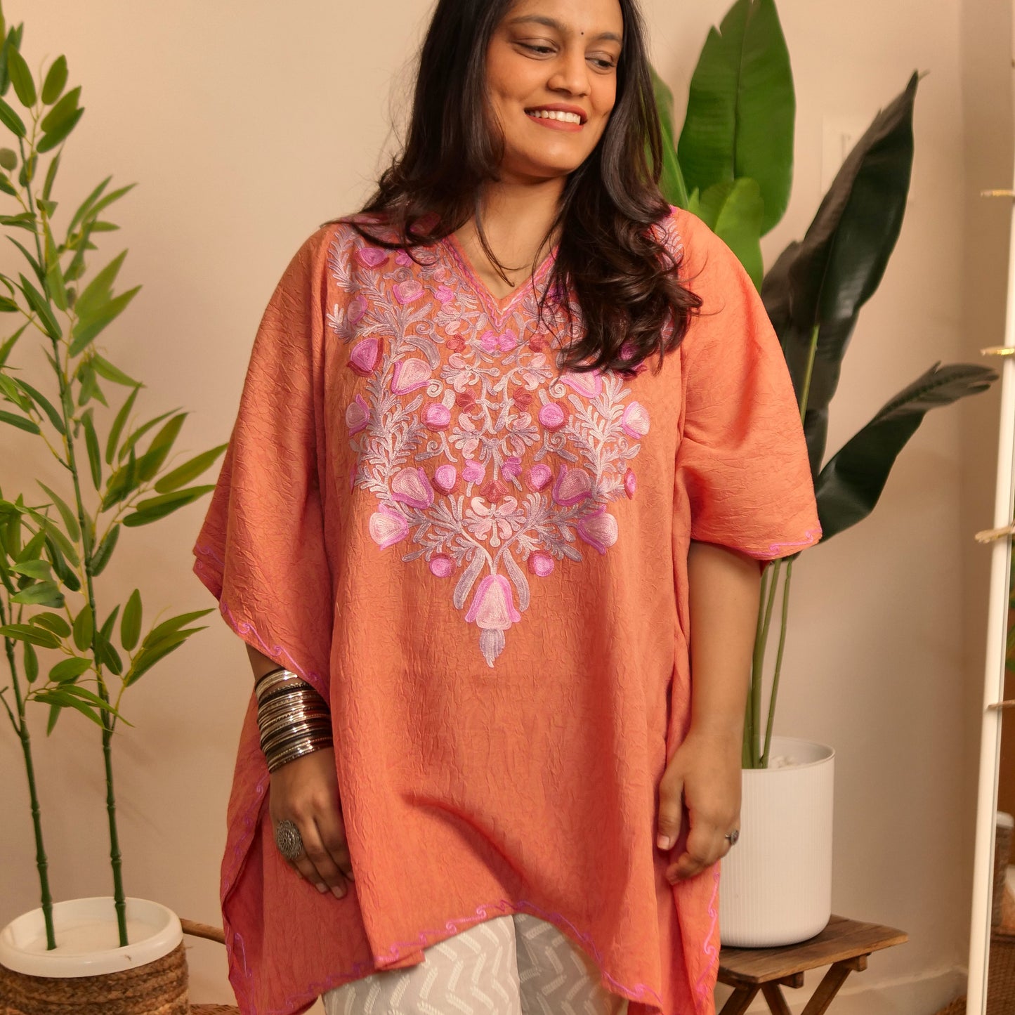 Peach Crush Kashmiri Cotton Kaftan Top