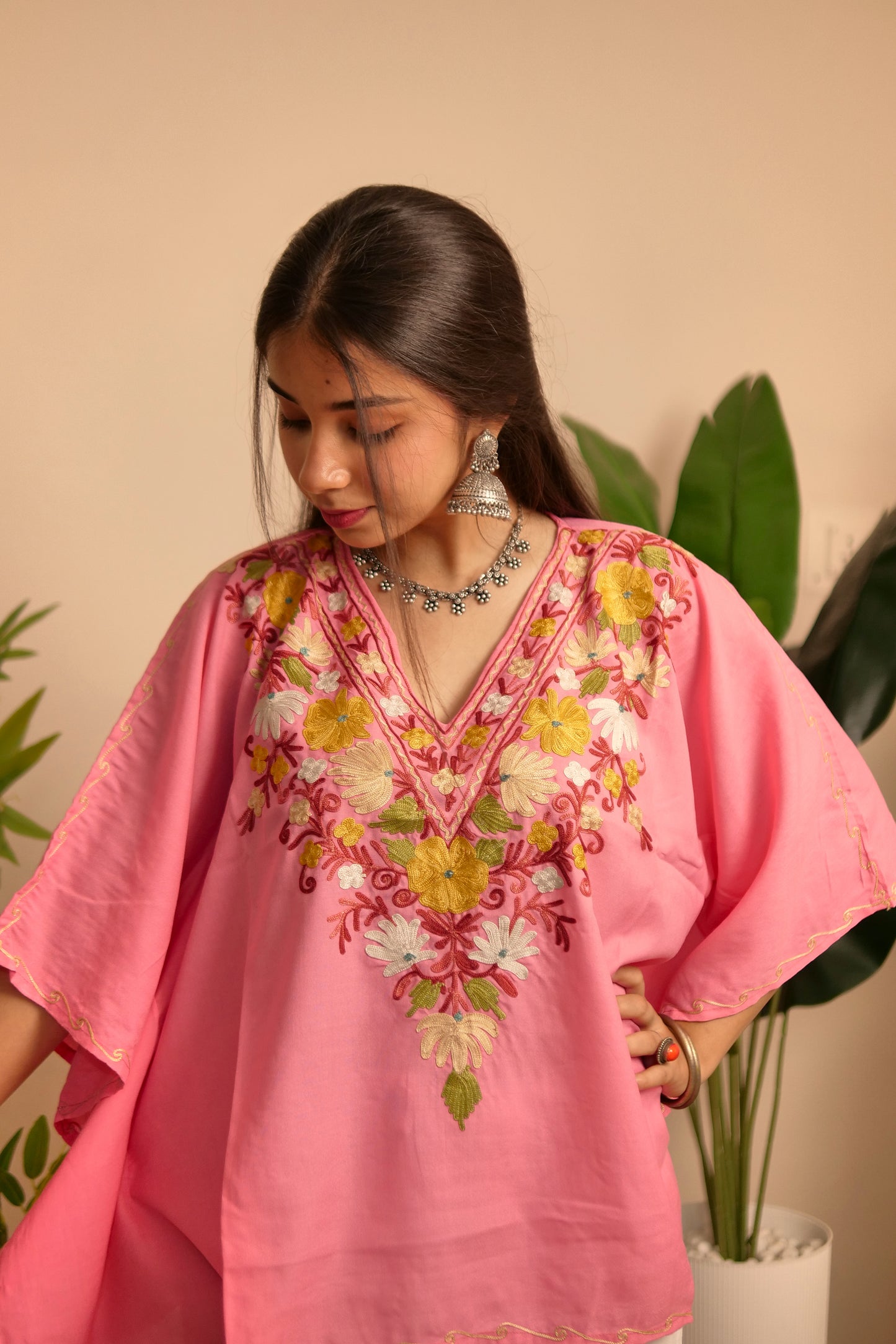 Pink Cotton Kashmiri Kaftan
