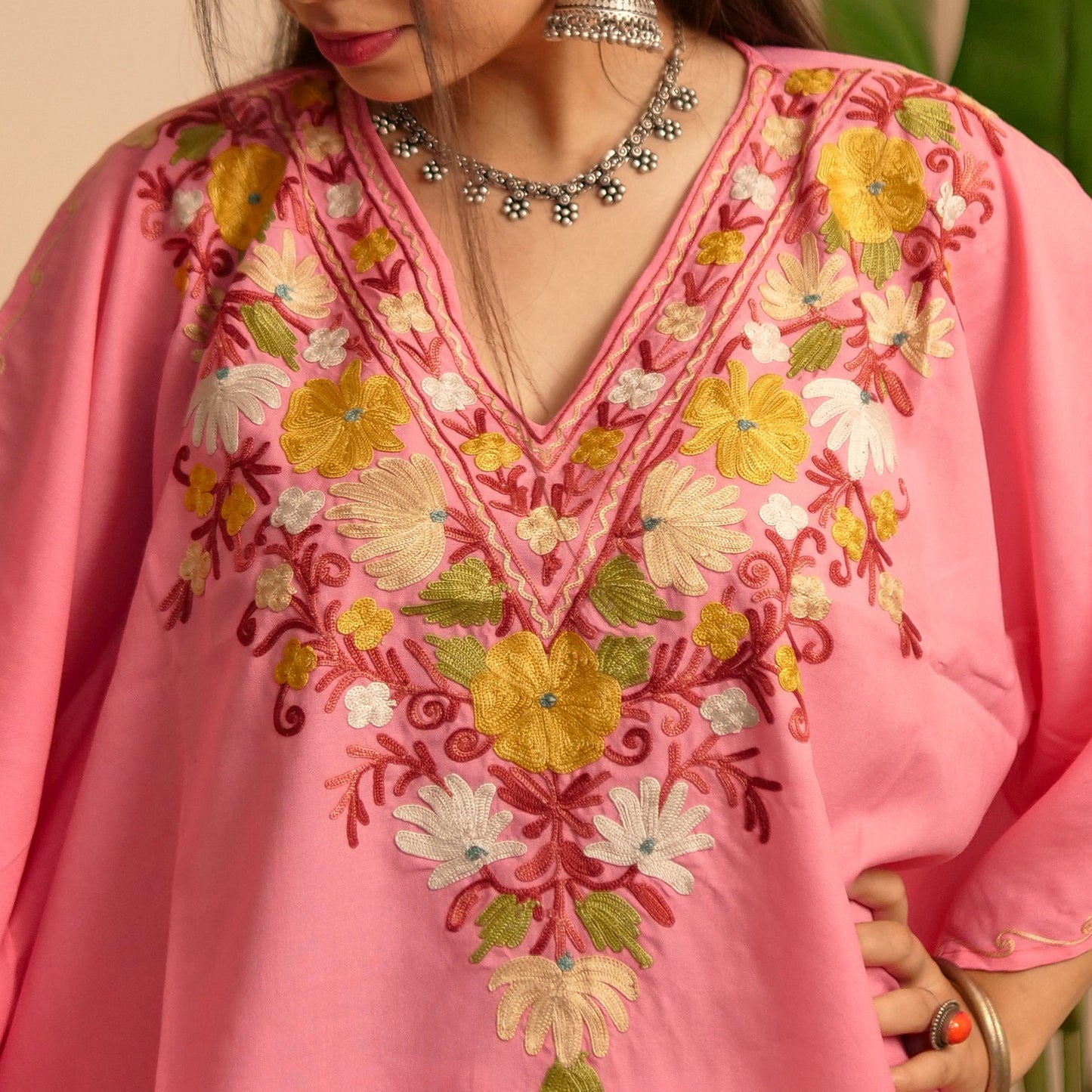 Pink Cotton Kashmiri Kaftan Top