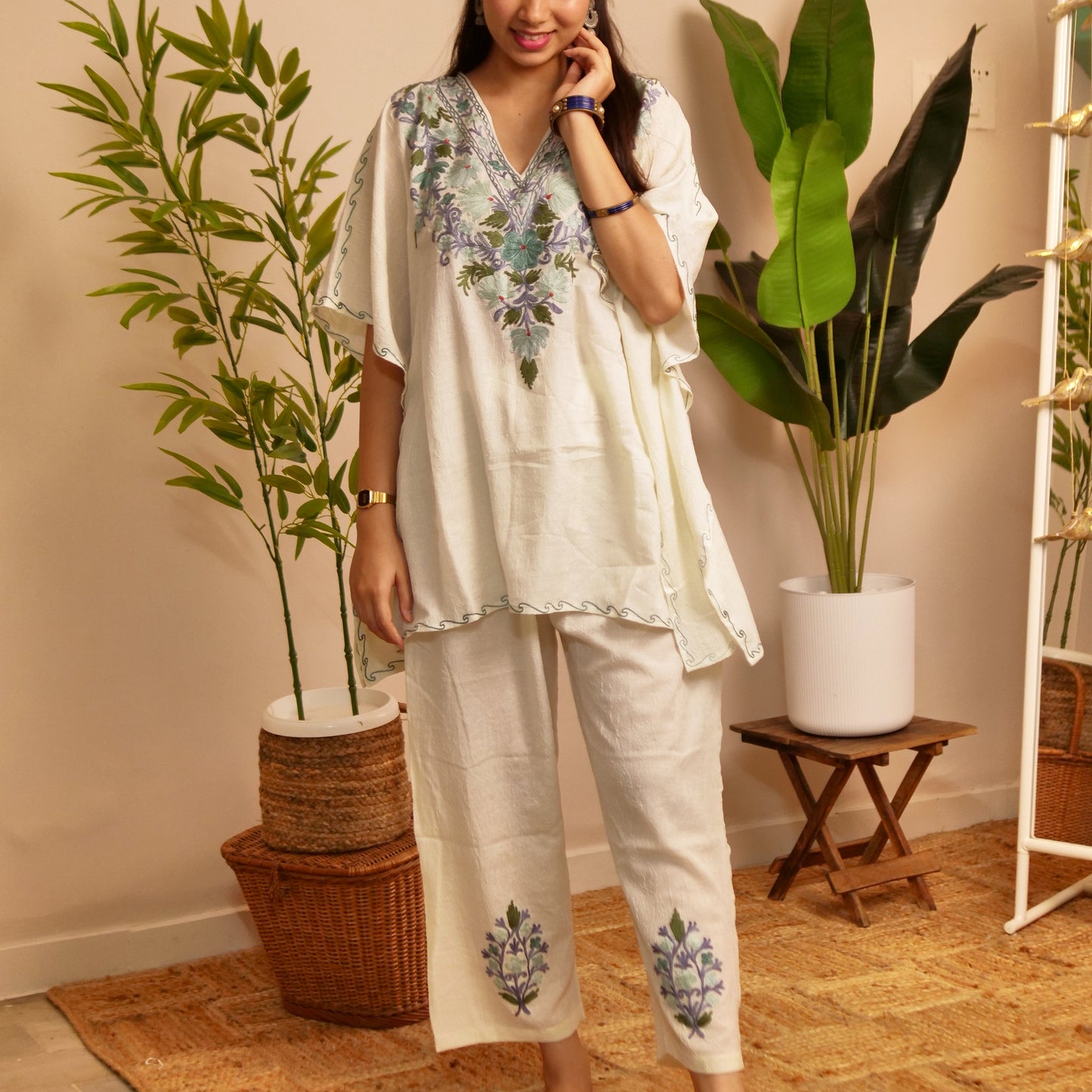 White Floral Cotton Kaftan Set