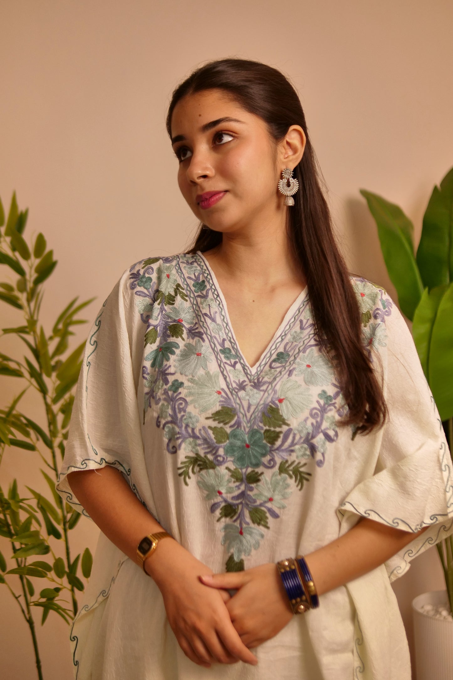 White Floral Cotton Kaftan Set