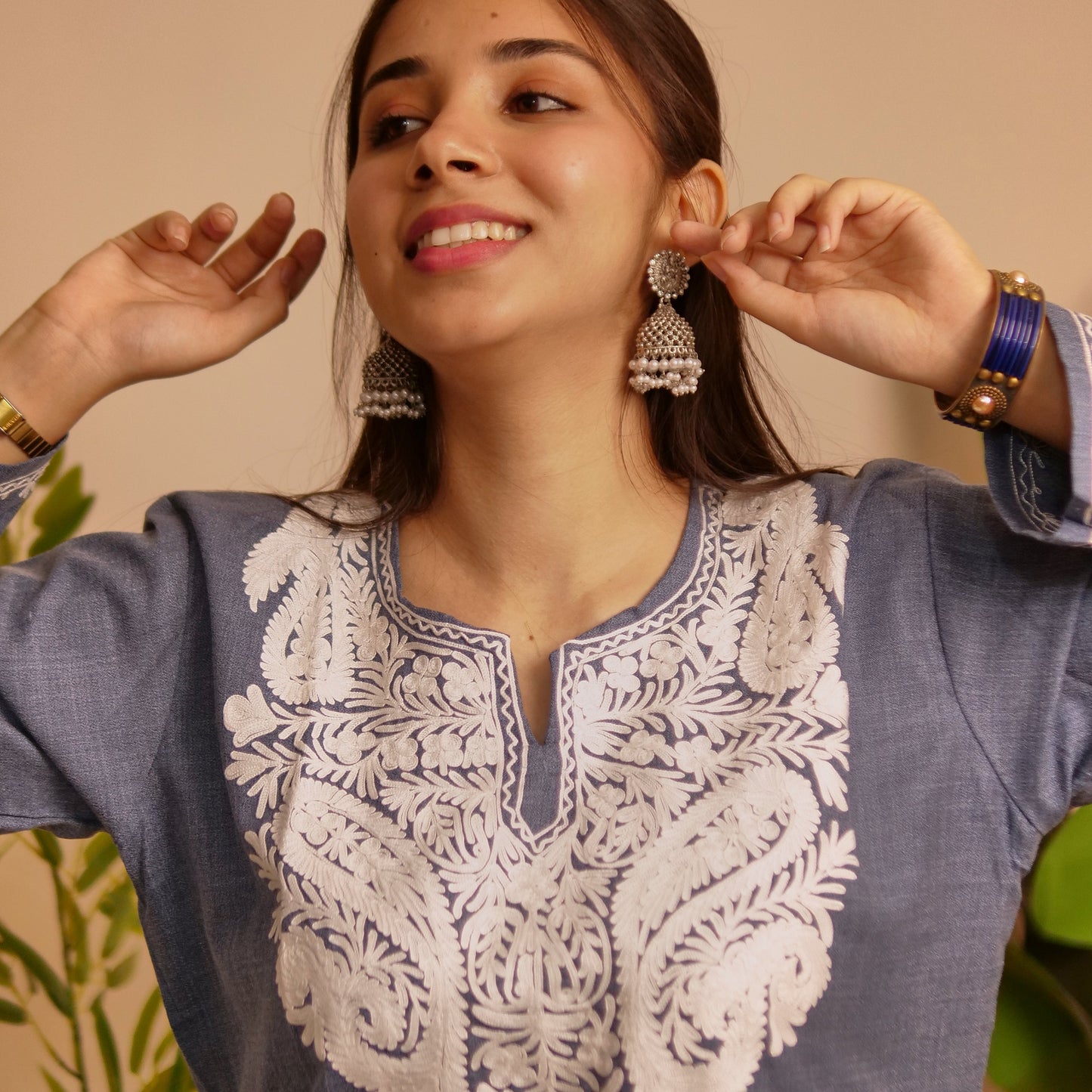 Denim Blue Cotton Kashmiri Kurti Set