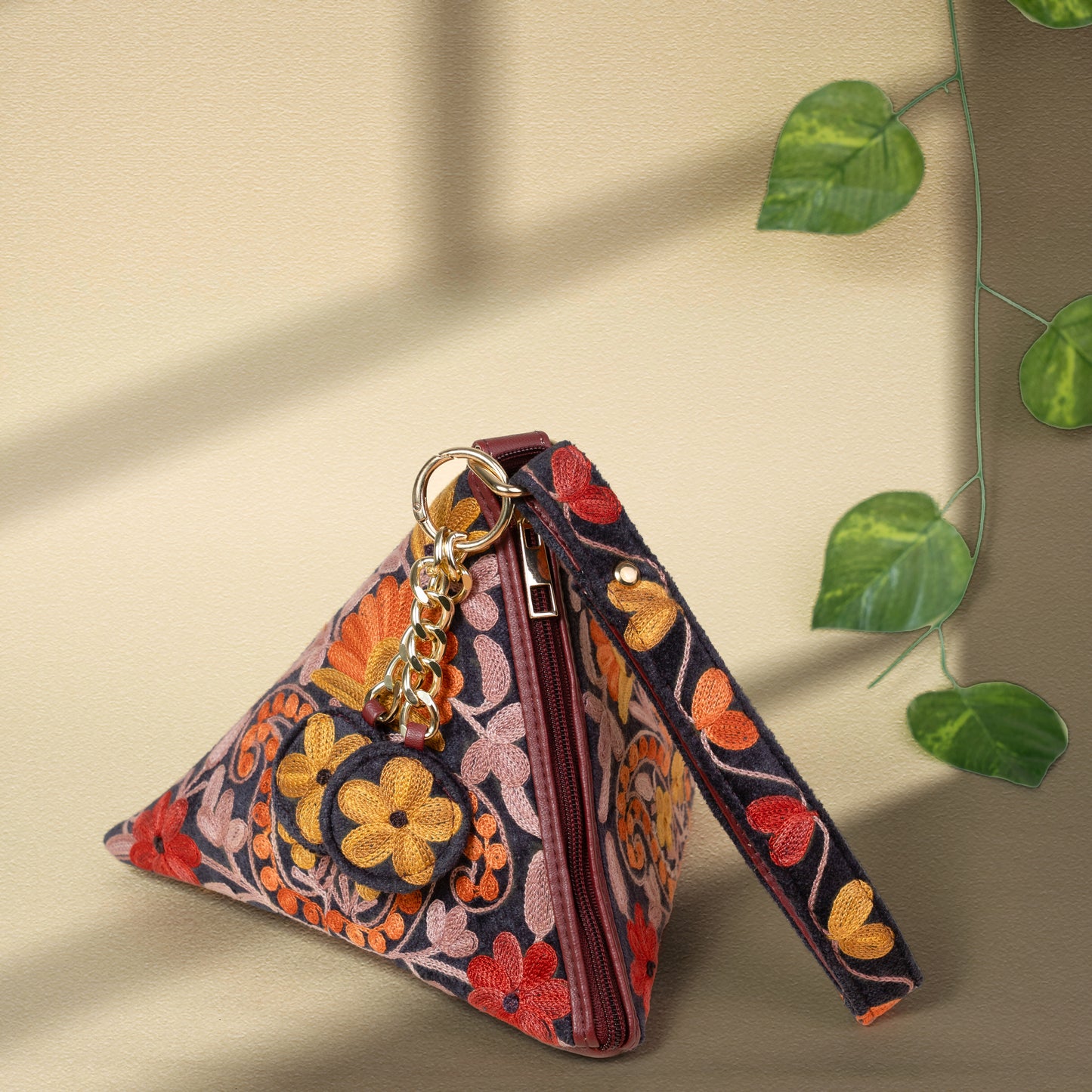 Charcoal with Orange Floral Kashmiri Velvet Triangle Bag