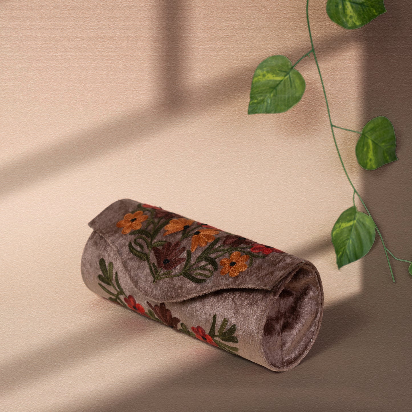 Dusty Brown Floral Kashmiri Velvet Round Clutch