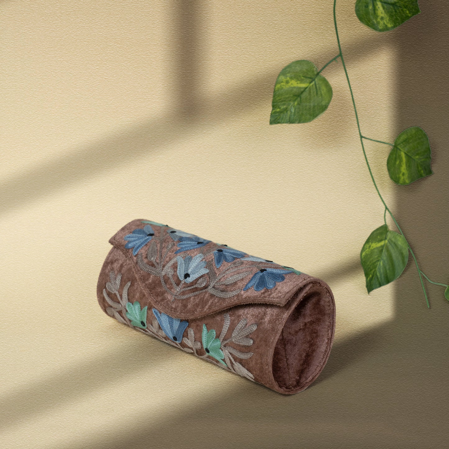 Dusty Brown with Blue Kashmiri Velvet Round Clutch