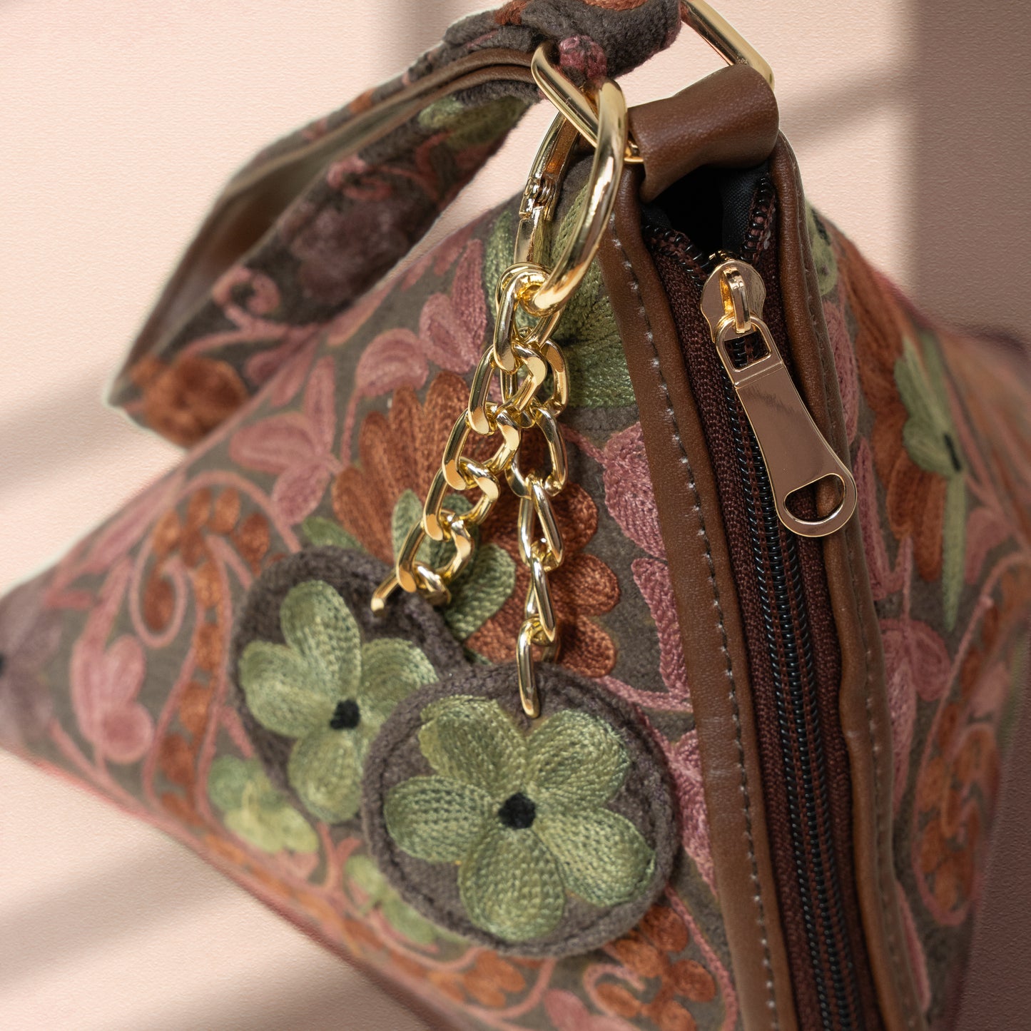 Dusty Rose with Sage Green Floral Kashmiri Velvet Triangle Bag