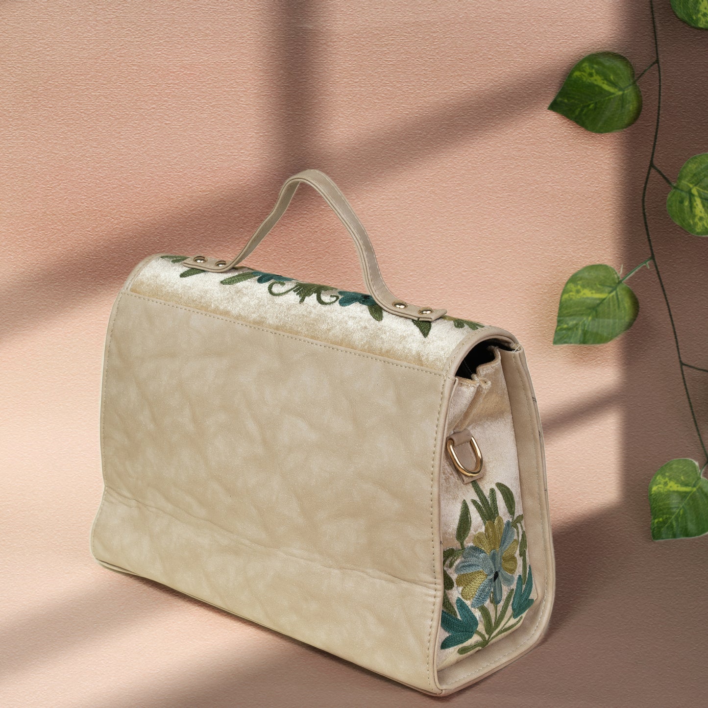 Beige with Green Floral Kashmiri Velvet Flap Handbag