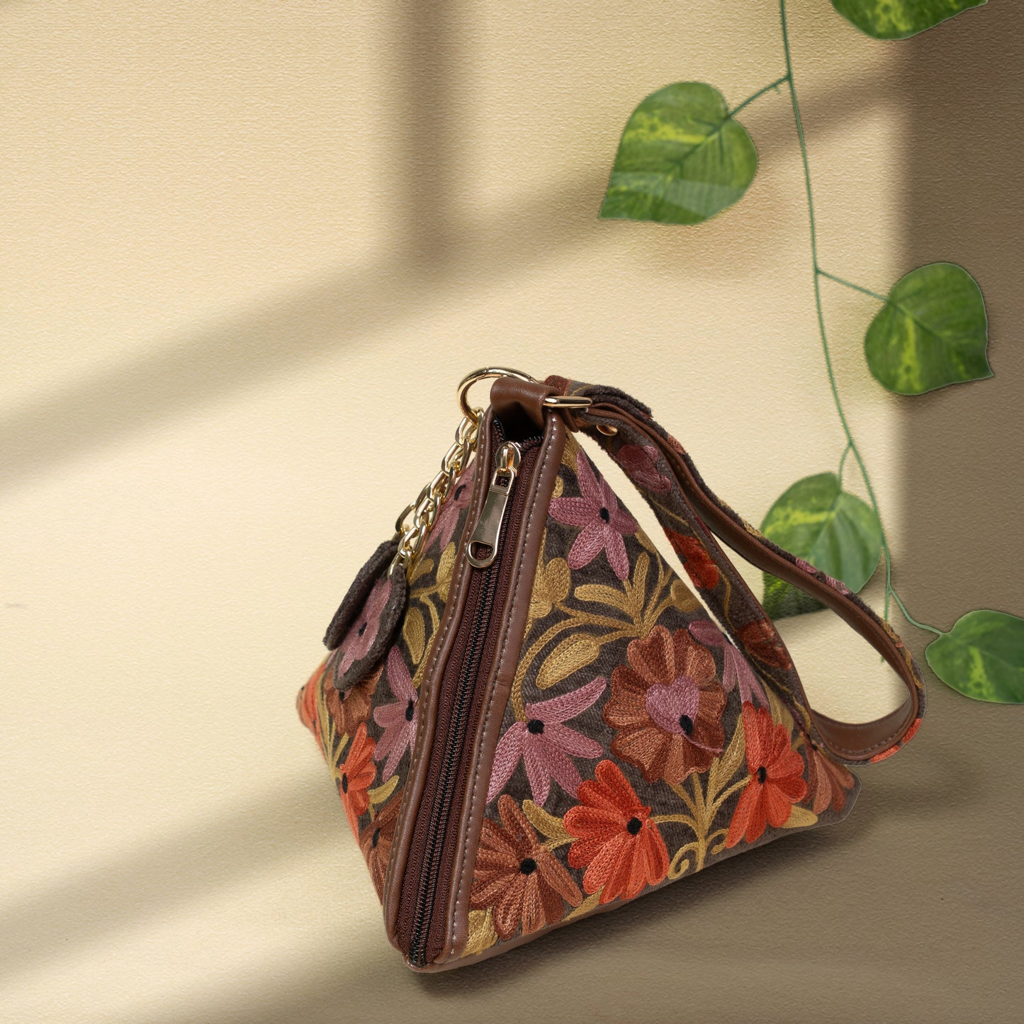 Grey Floral Kashmiri Velvet Triangle Bag
