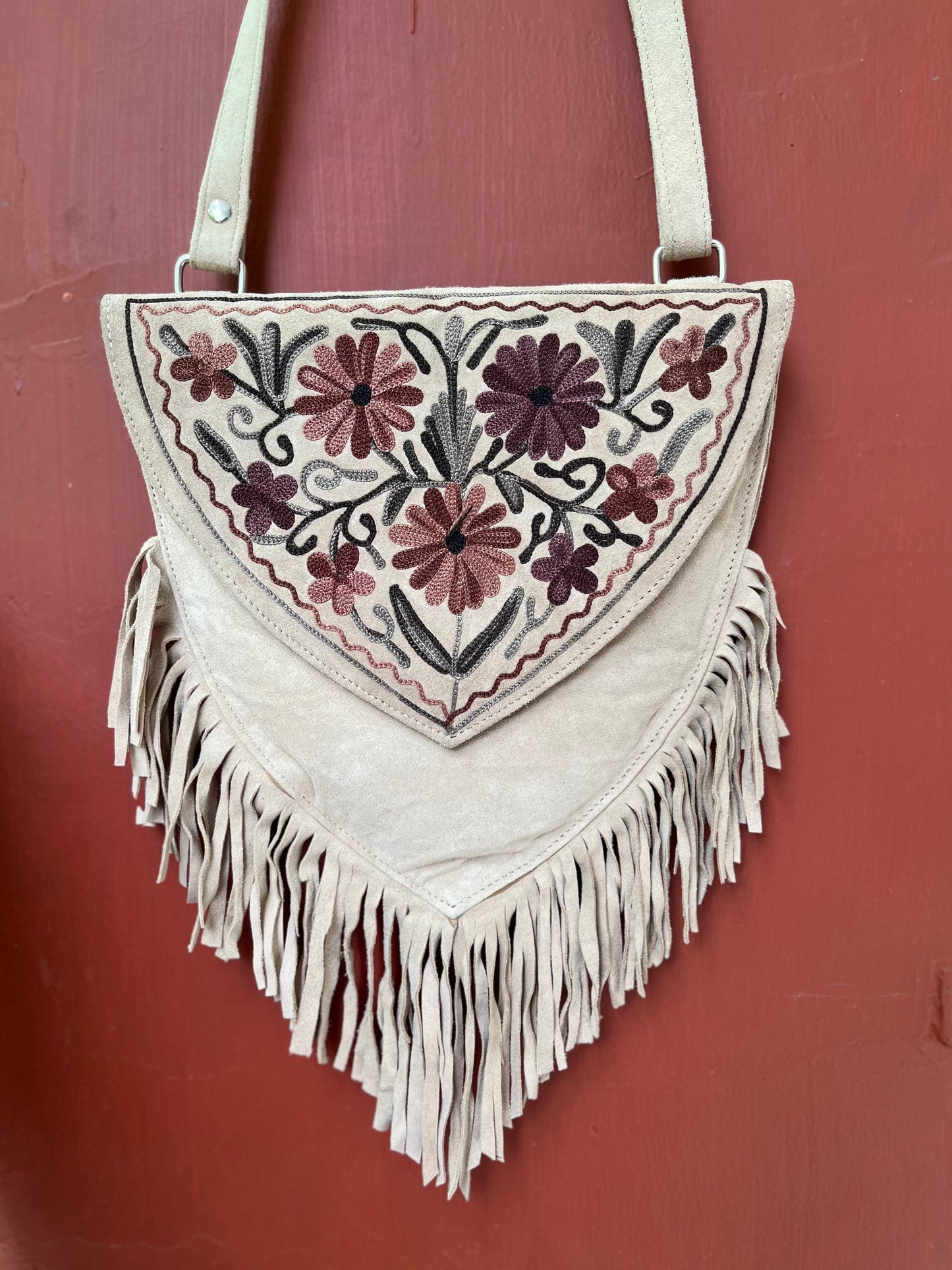 Light Brown Kashmiri Sling Bag with Fringes 03