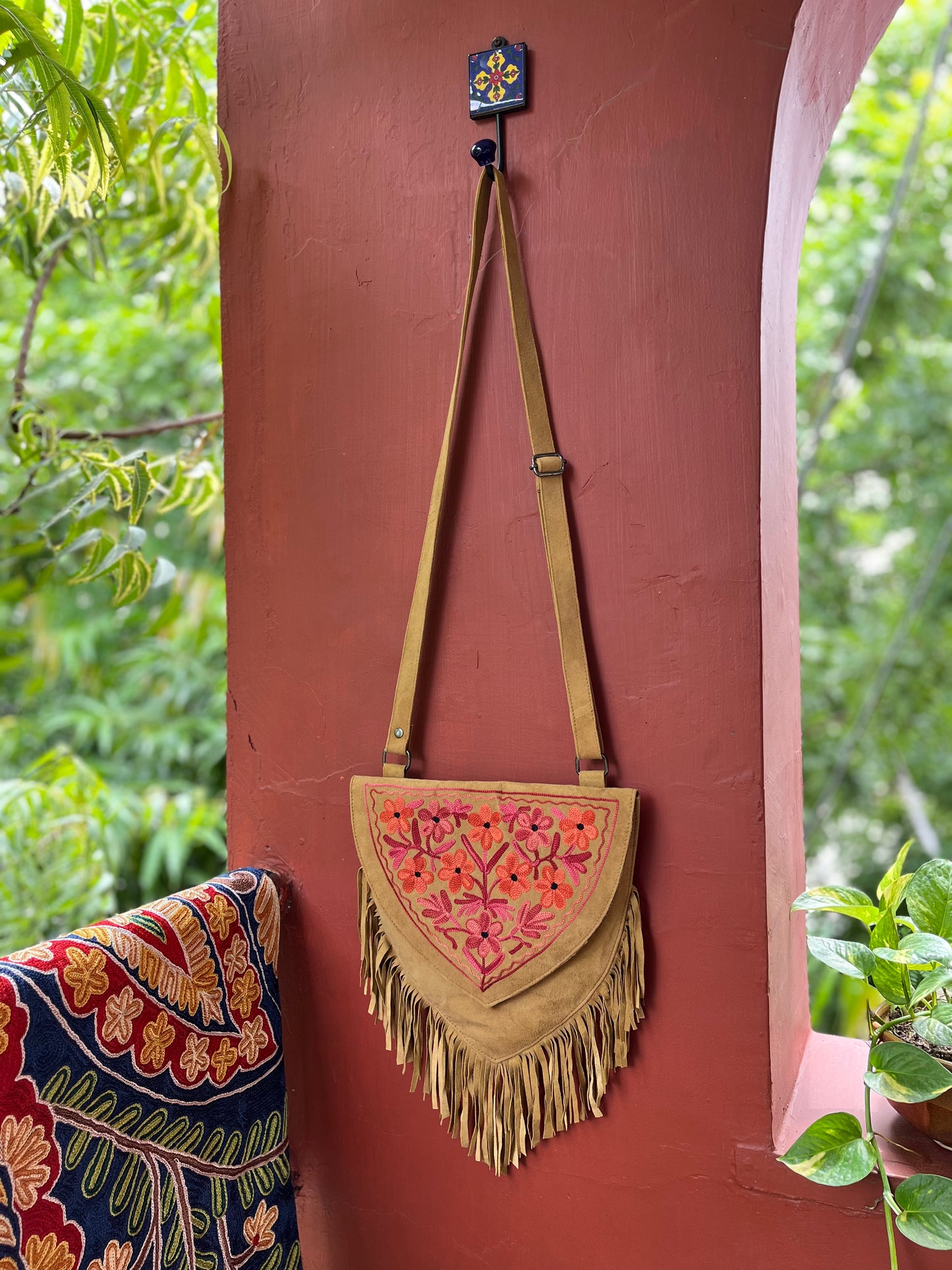 Mustard Kashmiri Sling Bag with Fringes