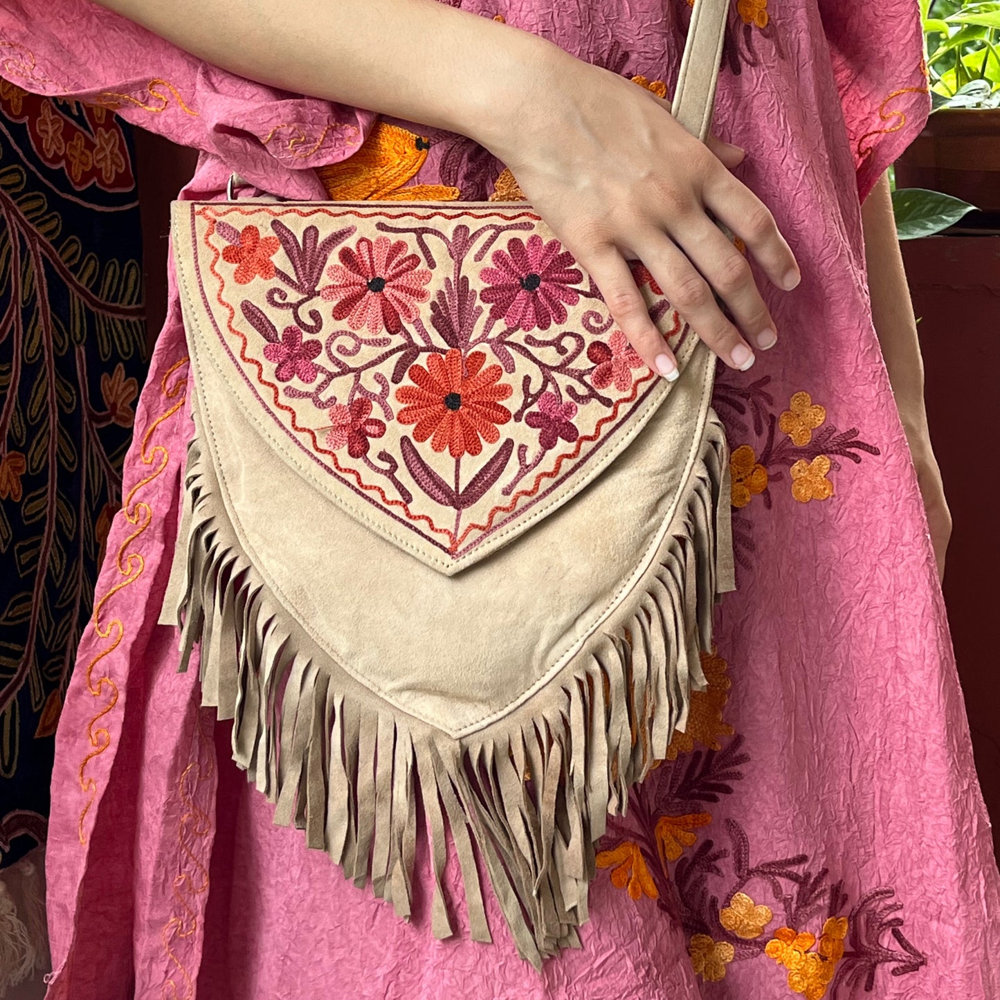 Light Brown Kashmiri Sling Bag with Fringes 06