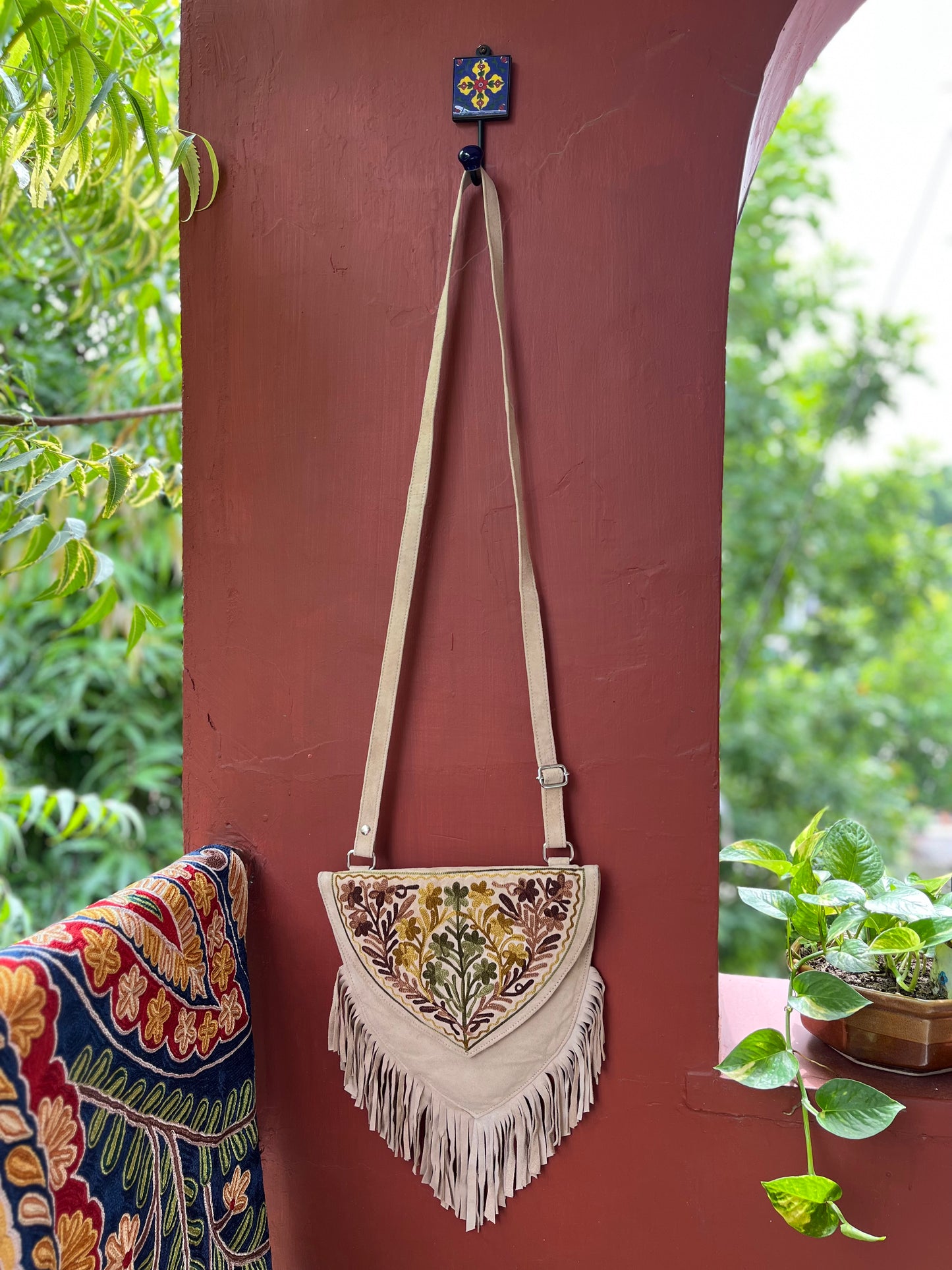 Light Brown Kashmiri Sling Bag with Fringes 05
