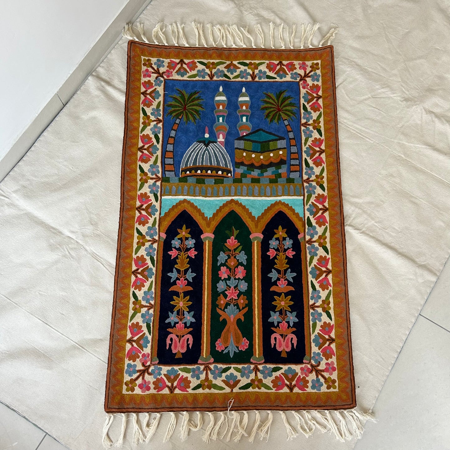 Kashmiri Prayer Rug with Mecca and Medina Motif
