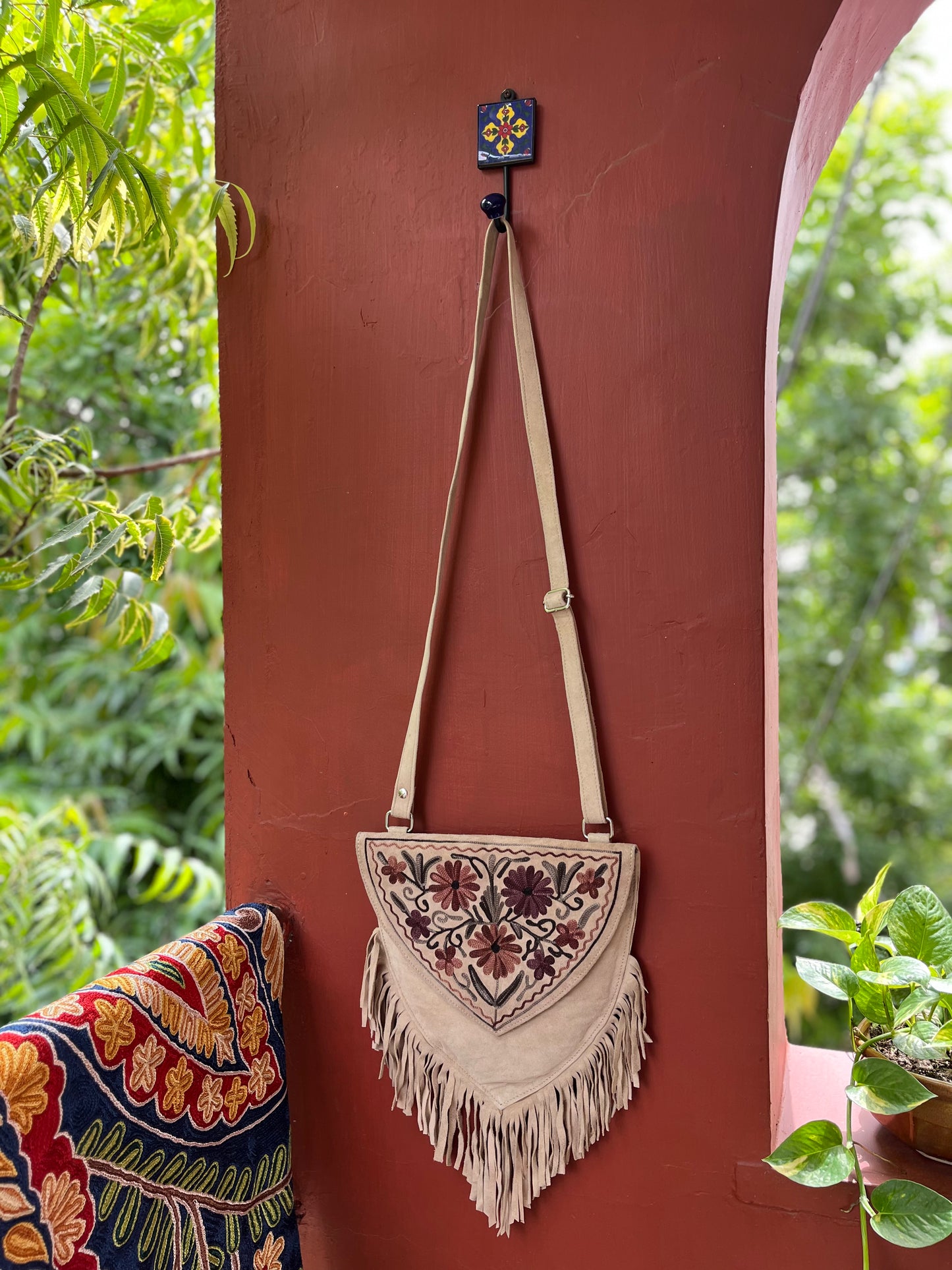 Light Brown Kashmiri Sling Bag with Fringes 03