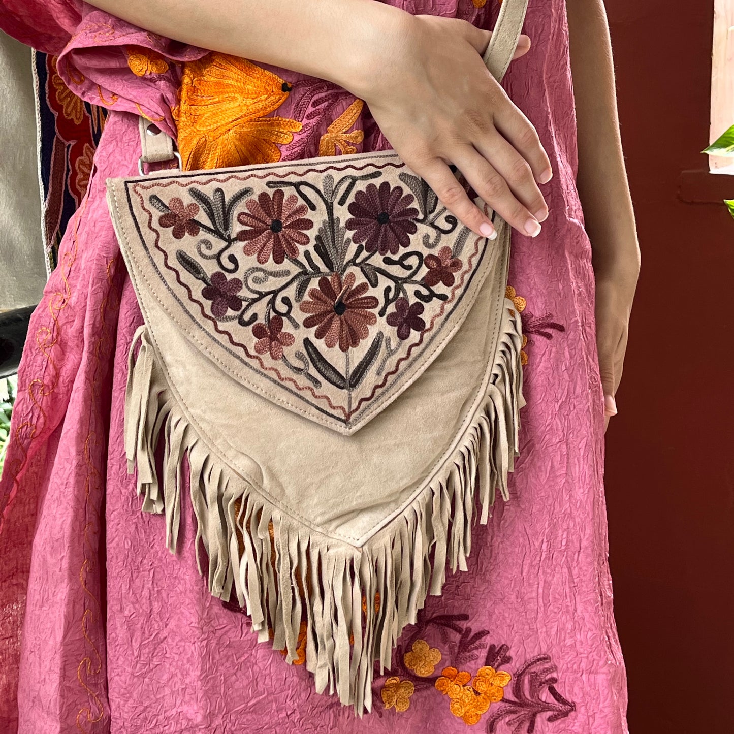 Light Brown Kashmiri Sling Bag with Fringes 03