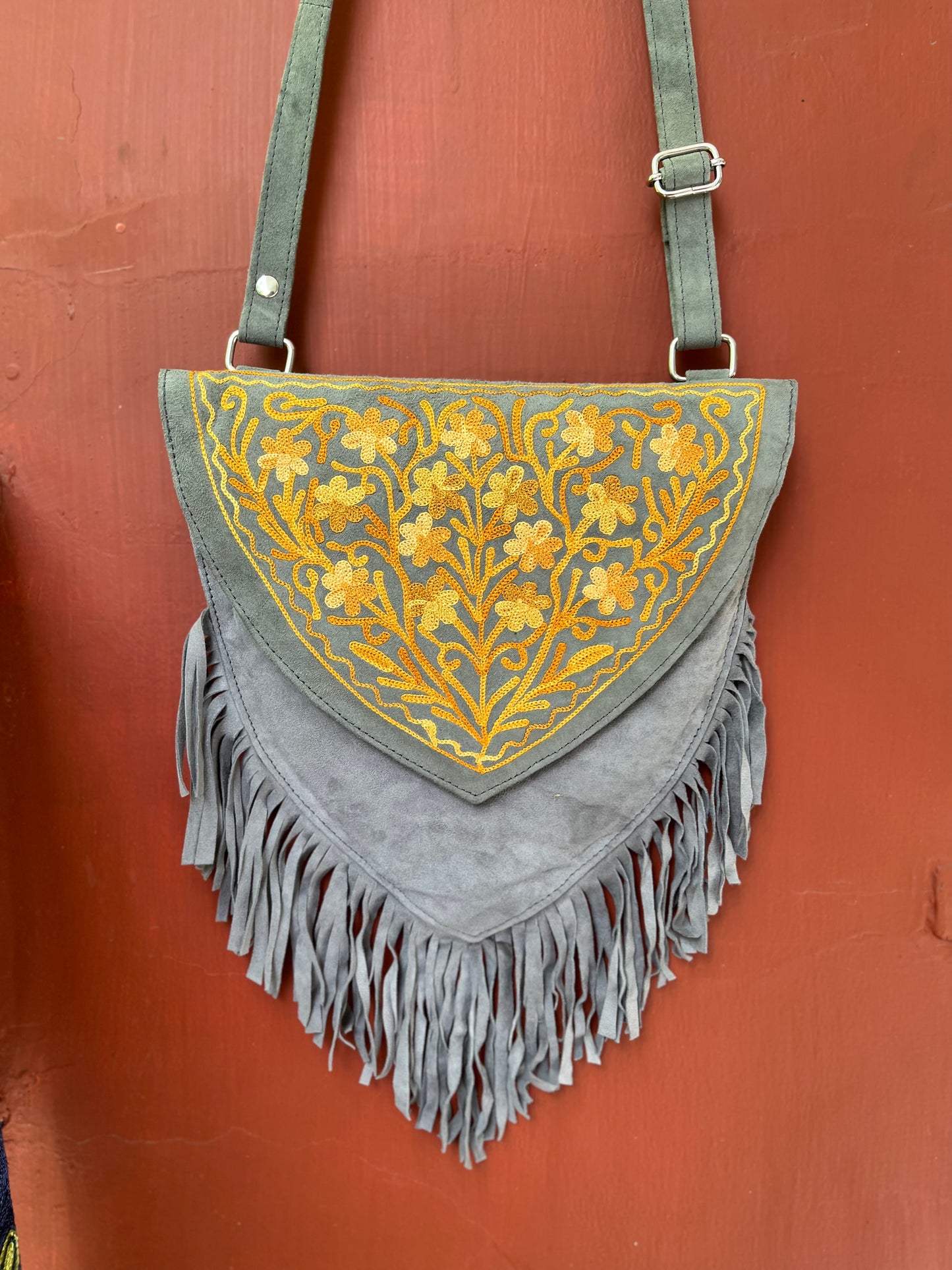 Grey Kashmiri Sling Bag with Fringes 04