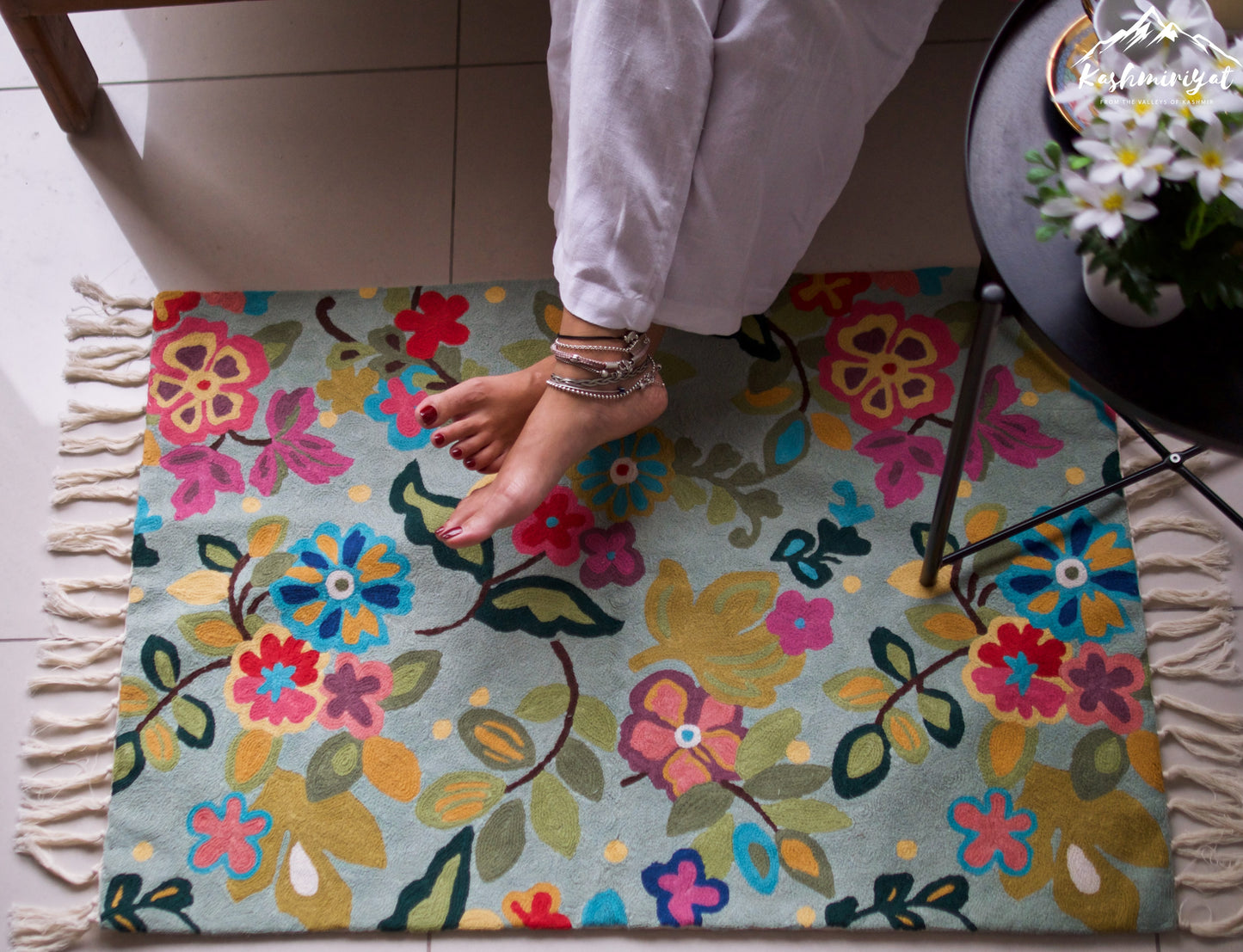 Floral Pastel Hand Embroidered Chainstitch Rug