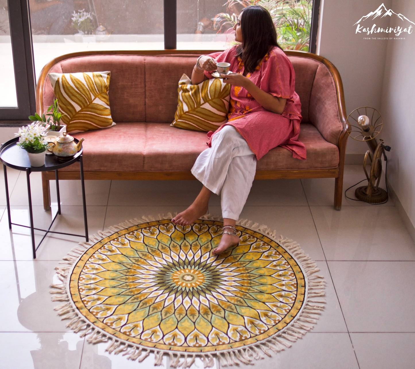 Sunflower Round Hand Embroidered Chainstitch Rug