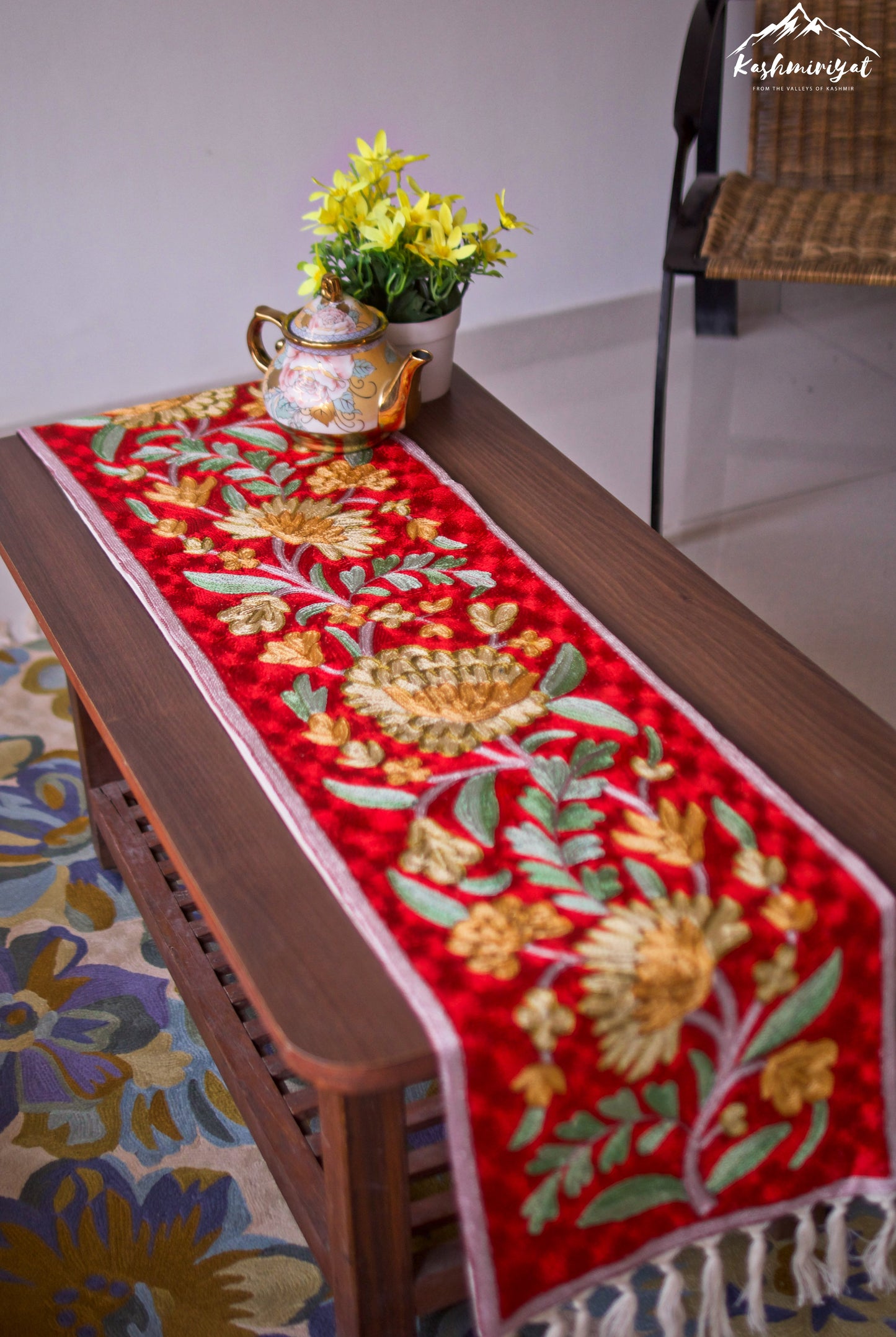 Red Silk Embroidered Table Runner