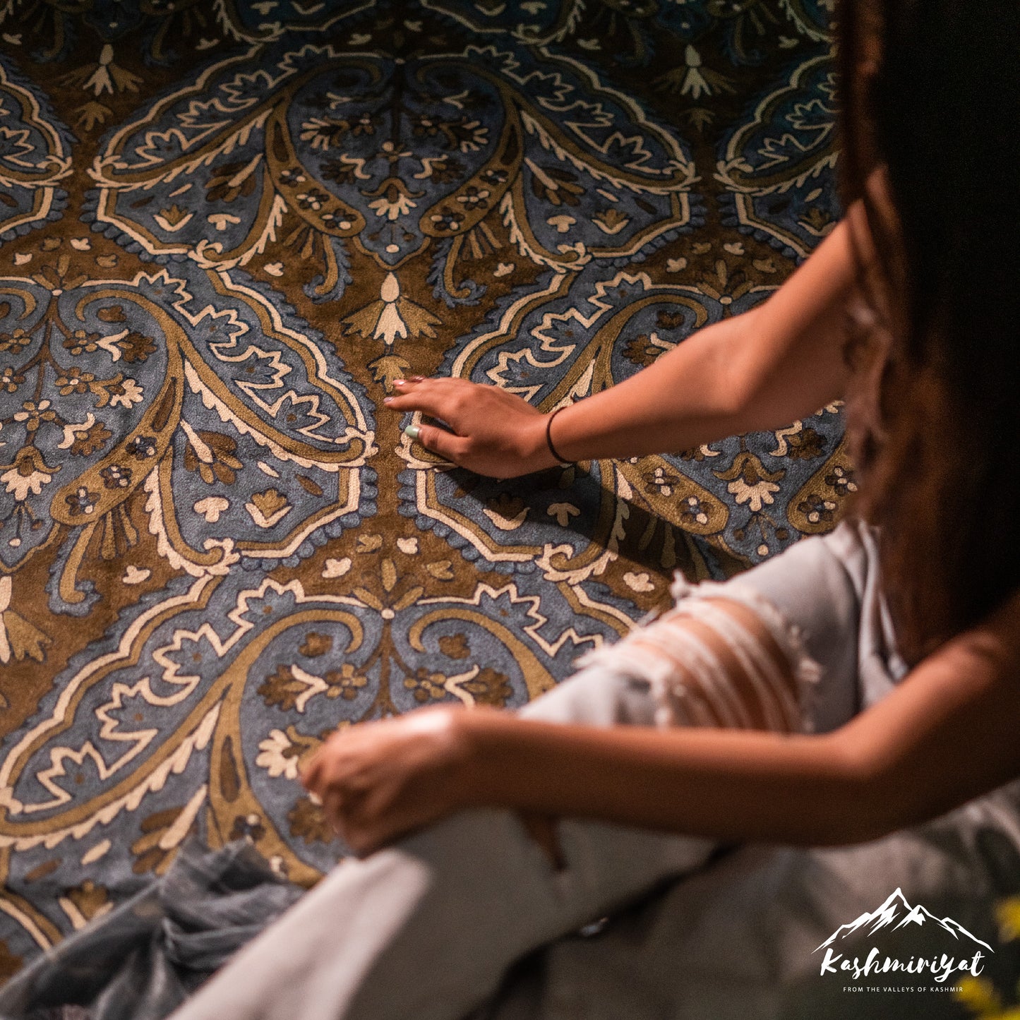 Midnight Majestic Weaves Full Size Rug with Hand Embroidery in Wool