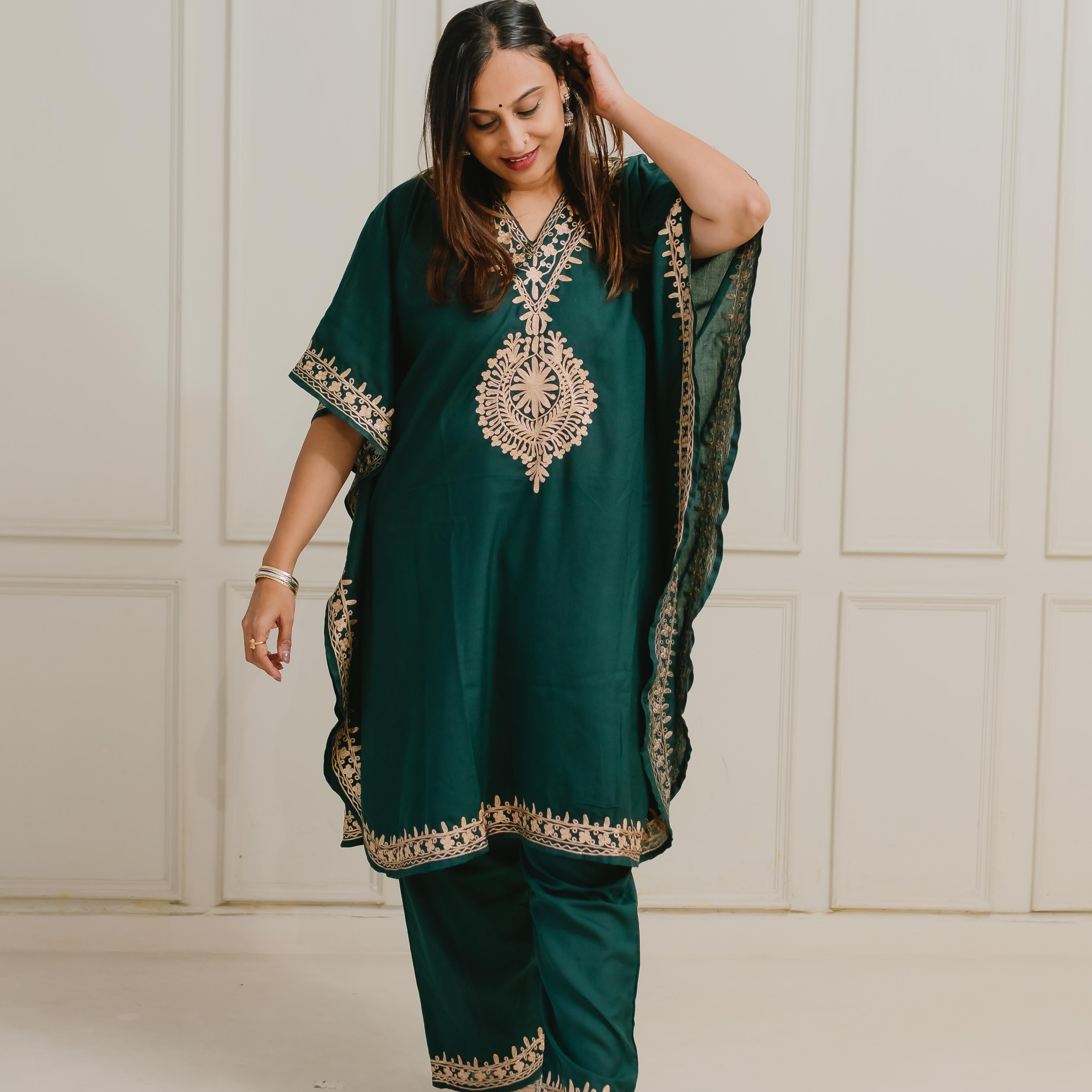 Green Mughal Zari Kaftan Set