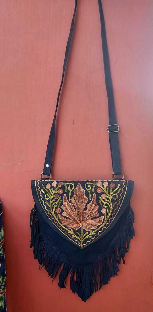 Black Kashmiri sling bag with red maple leaf